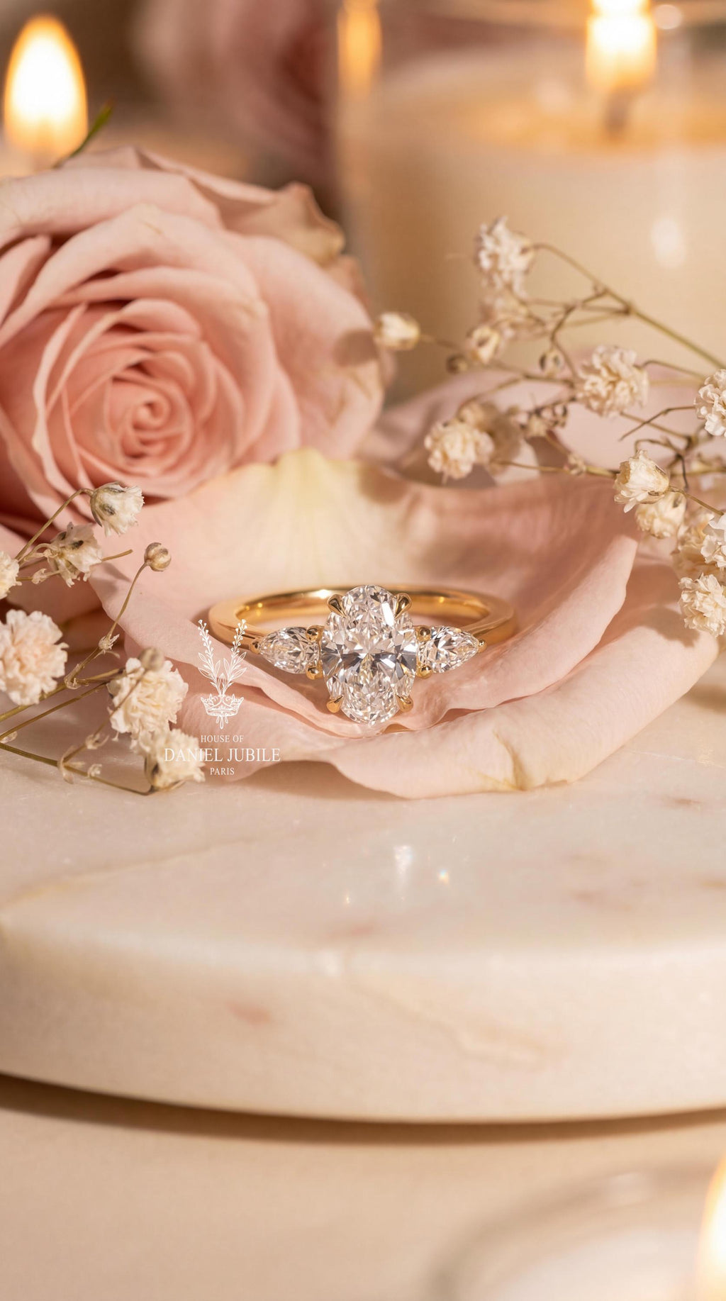 2ct Oval Lab Diamond Engagement Ring – 14k Gold Trilogy Ring with Pear Accents
