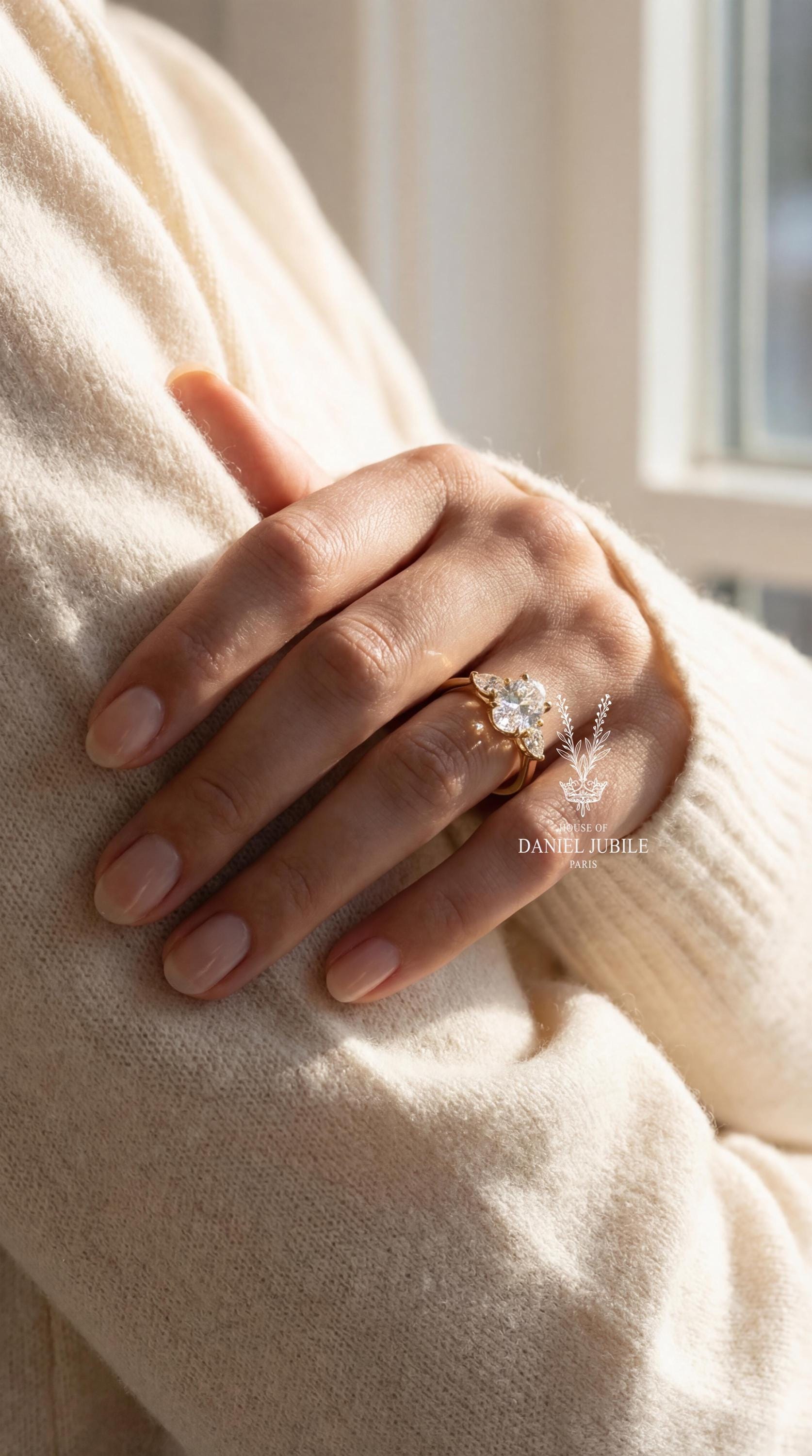 2ct Oval Lab Diamond Engagement Ring – 14k Gold Trilogy Ring with Pear Accents
