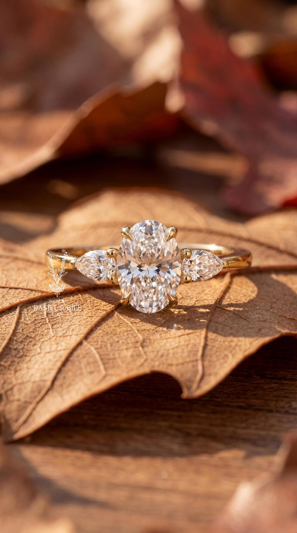 2ct Oval Lab Diamond Engagement Ring – 14k Gold Trilogy Ring with Pear Accents