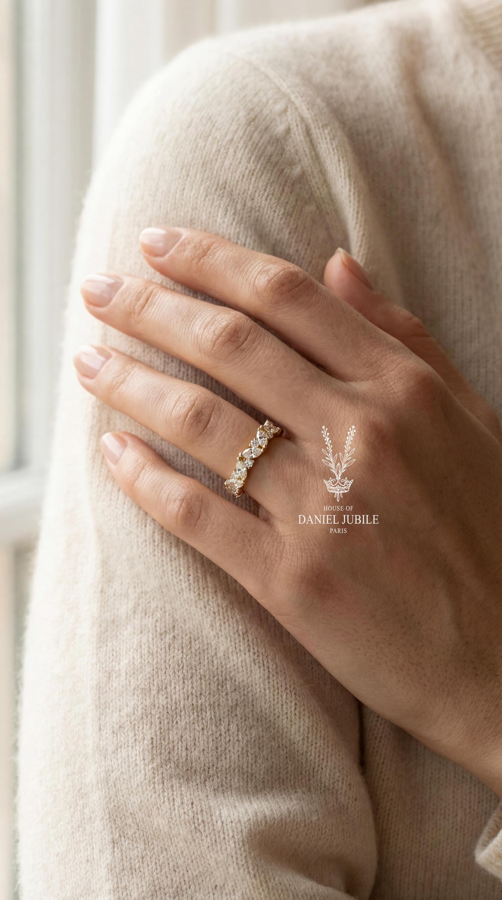 Marquise Lab Diamond Wedding Band – 2ctw Floral 14k Gold Stacking Ring