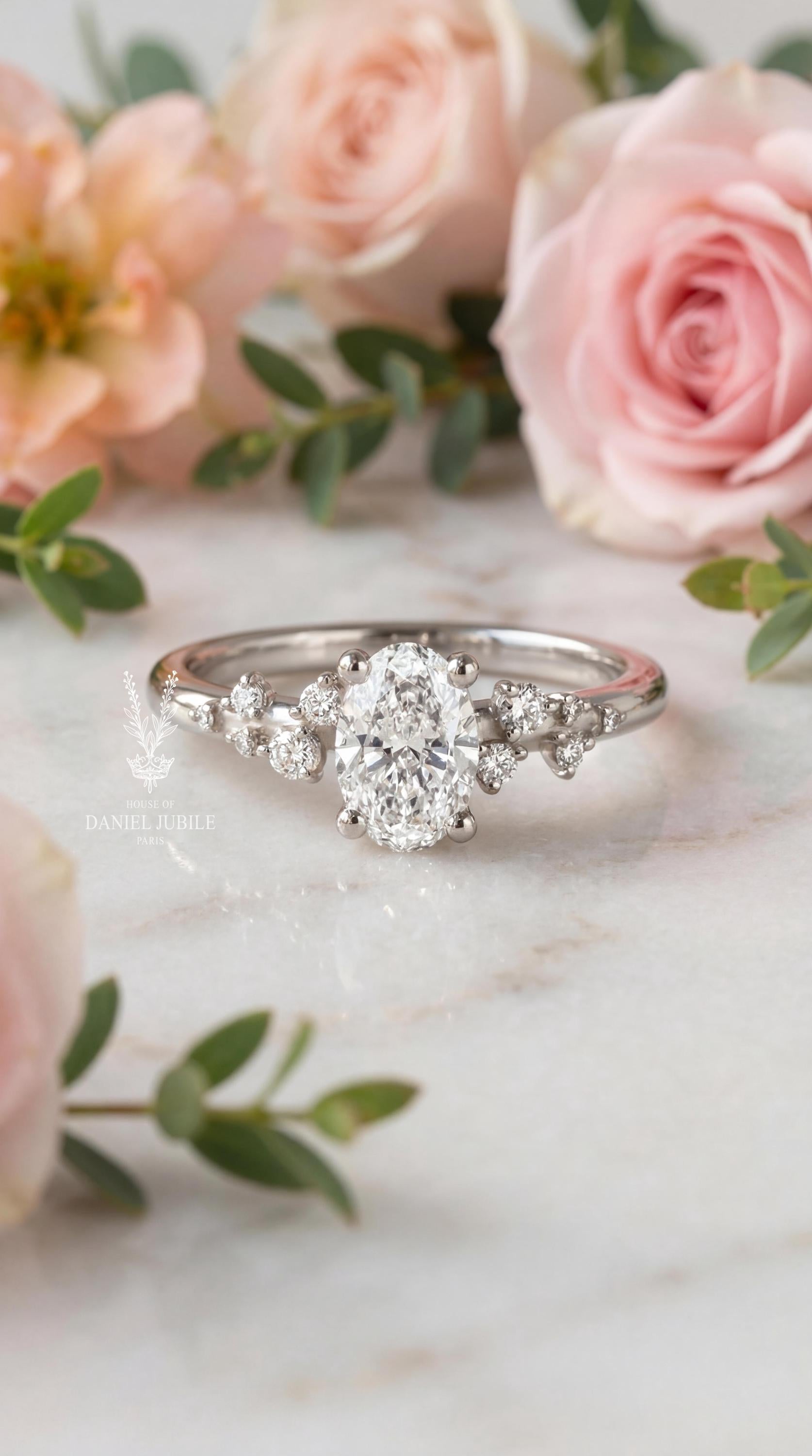 Oval Lab Diamond Engagement Ring – 14k White Gold Stardust Cluster