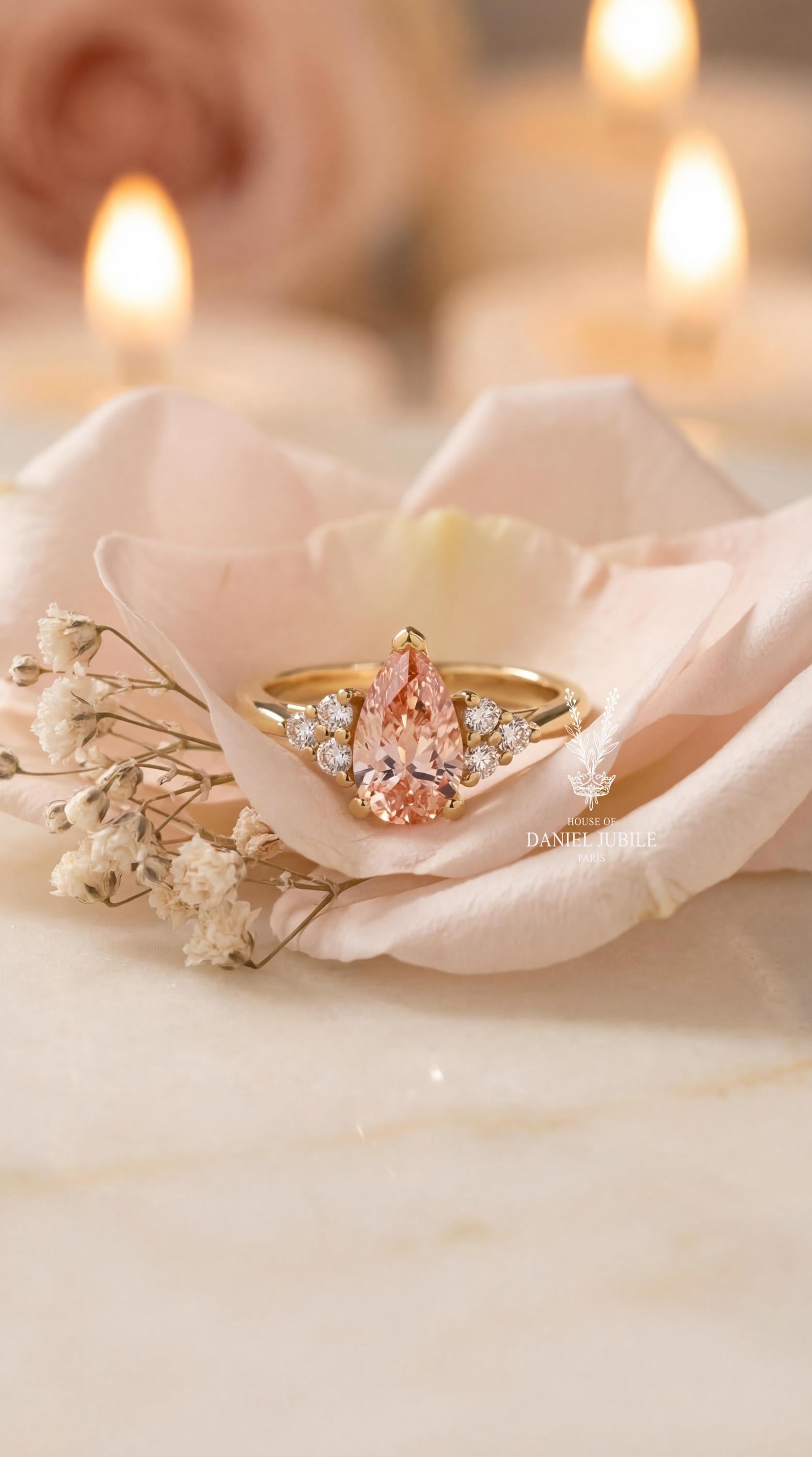2 Carat Pink Pear Lab Diamond Ring – 14k Gold Cluster, Gemstone Promise Ring