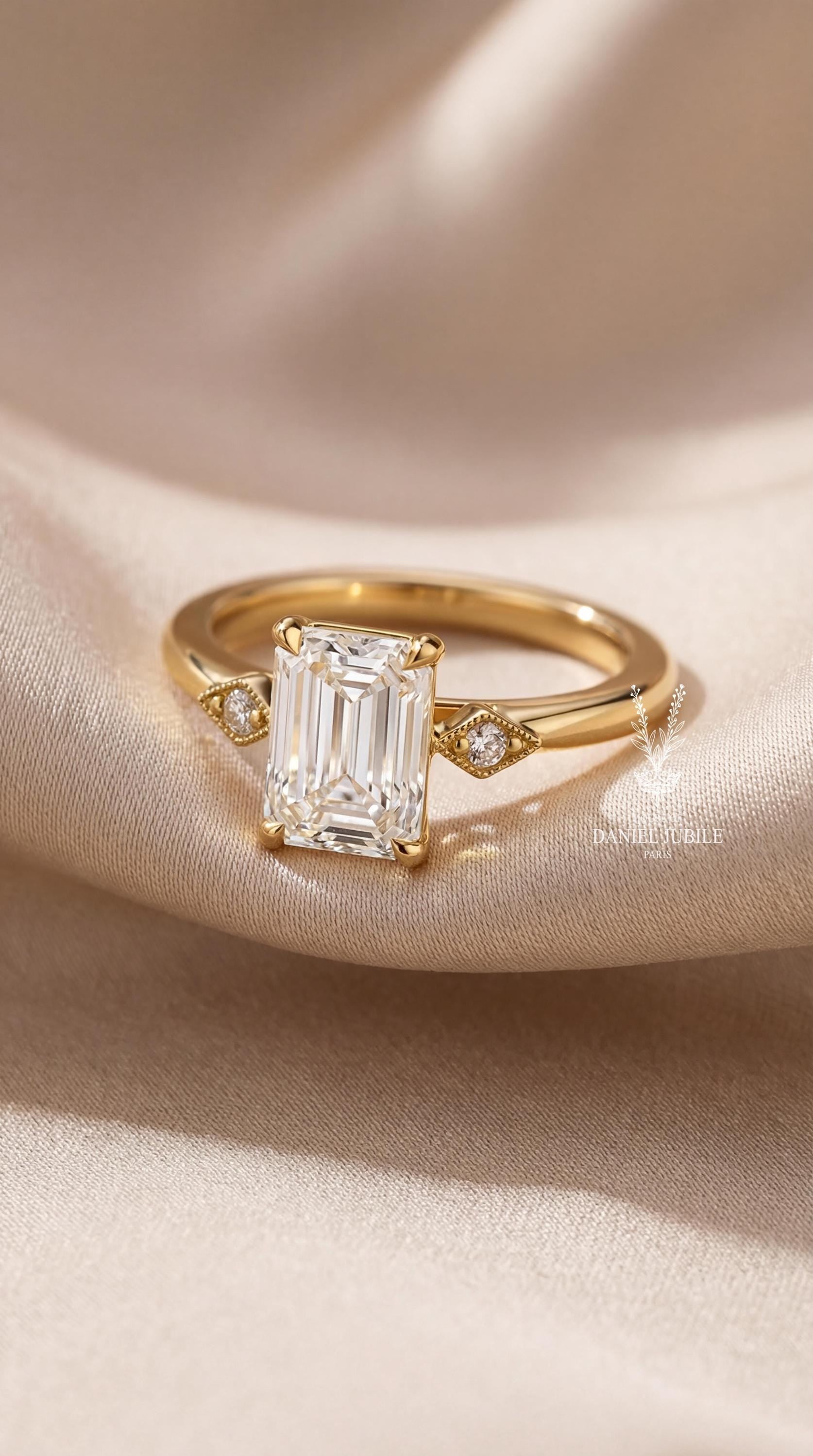 2ct Lab Diamond Ring - 14k Emerald Cut Gold Art Deco Style