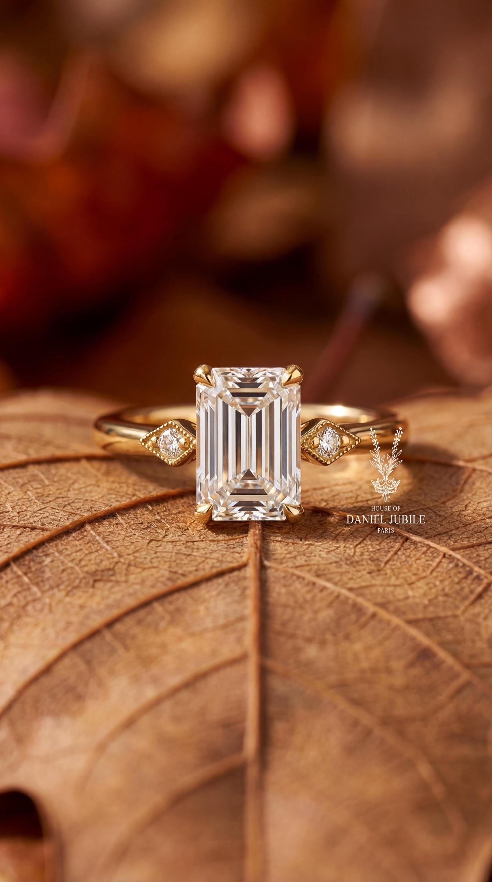 2ct Lab Diamond Ring - 14k Emerald Cut Gold Art Deco Style