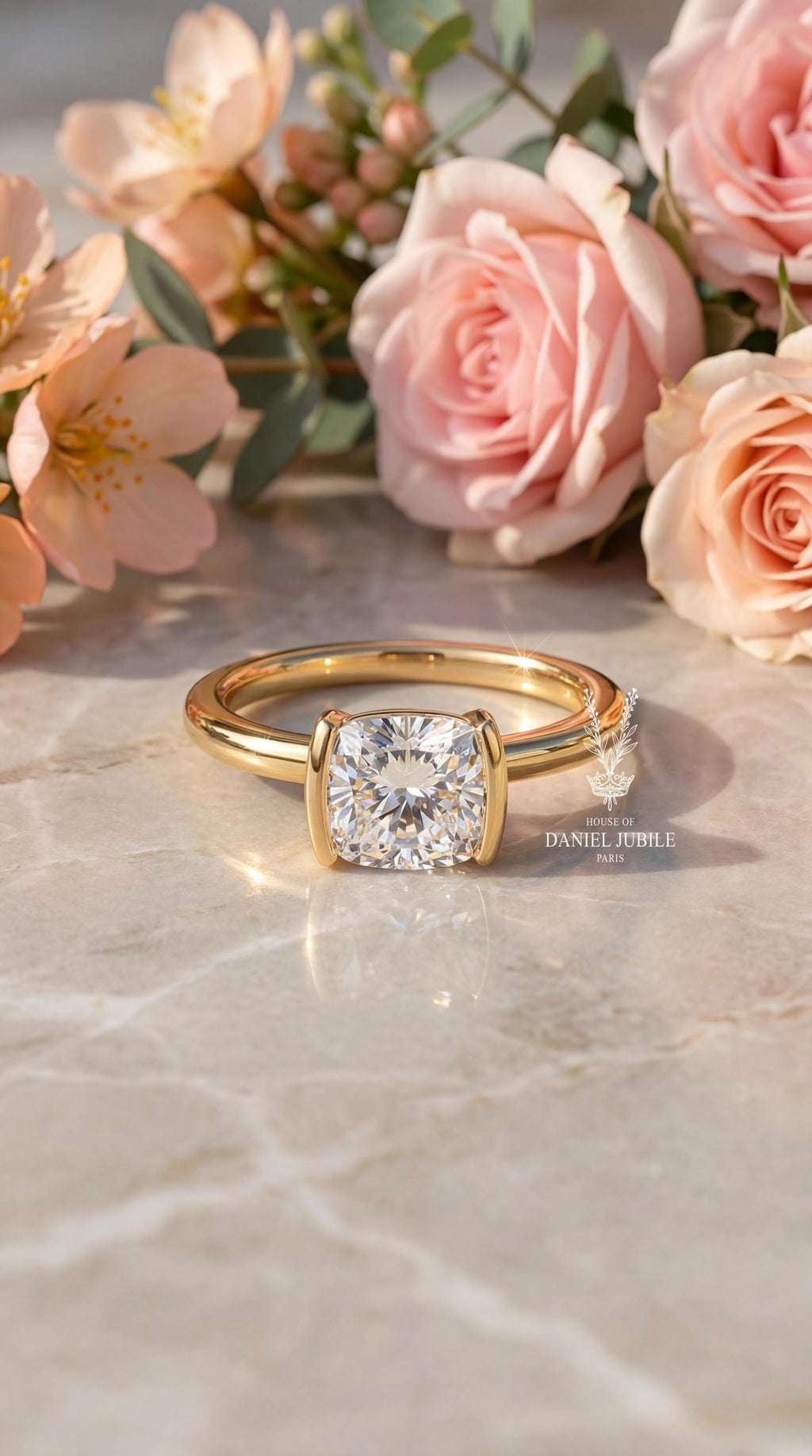 2 Carat Cushion Cut Lab Diamond Ring – 14k Gold Half Bezel Solitaire