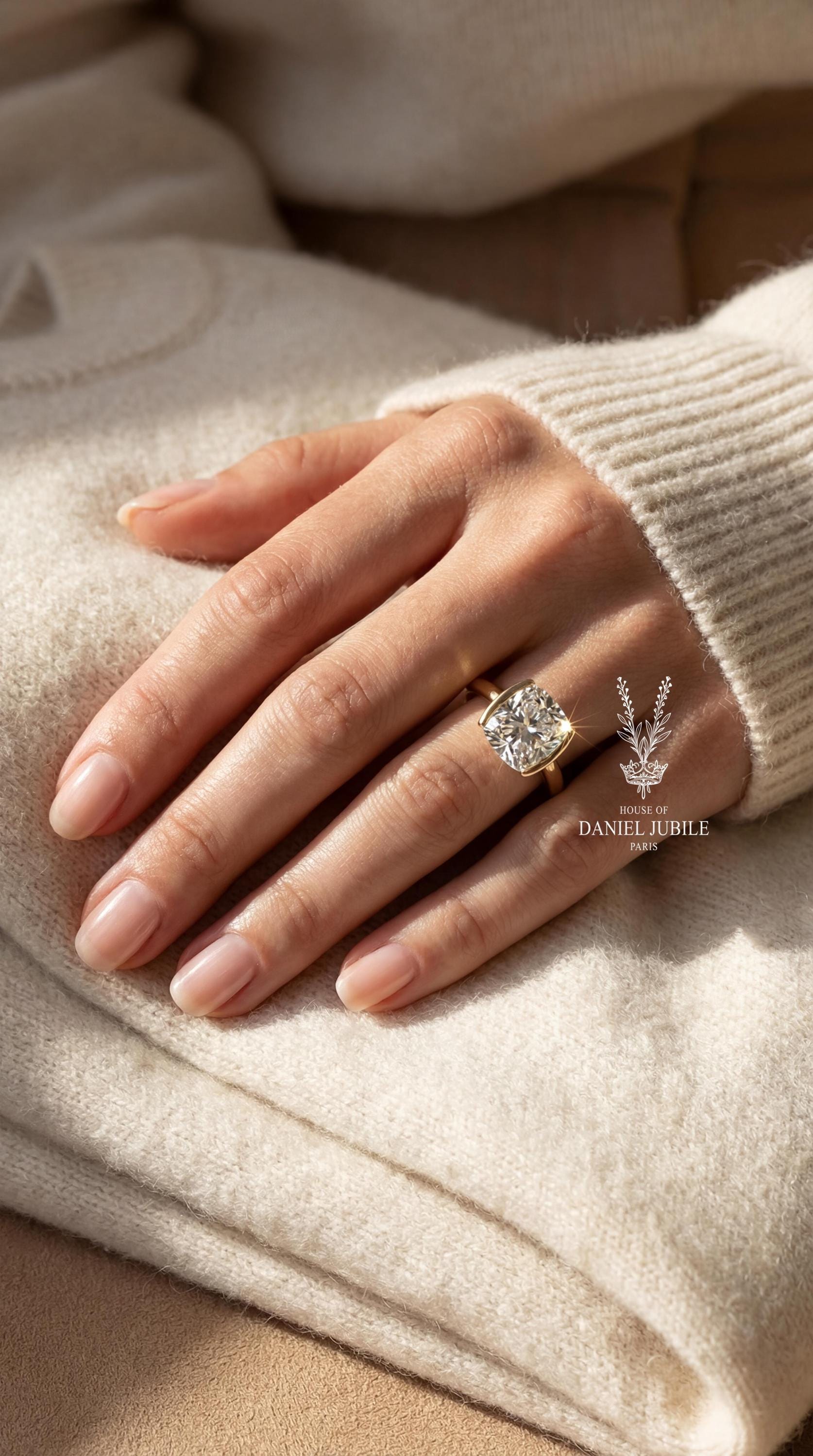 2 Carat Cushion Cut Lab Diamond Ring – 14k Gold Half Bezel Solitaire