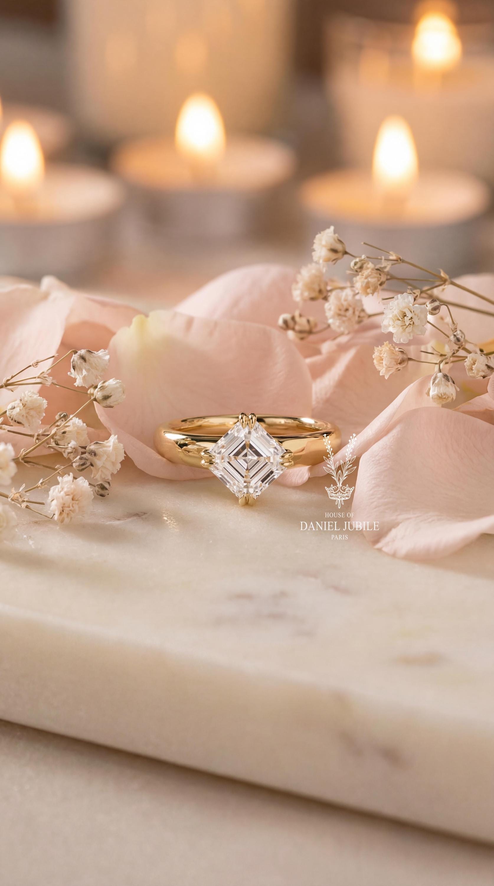 1 Carat Kite Set Asscher Cut Lab Diamond Ring – 14k Gold Solitaire Engagement Ring