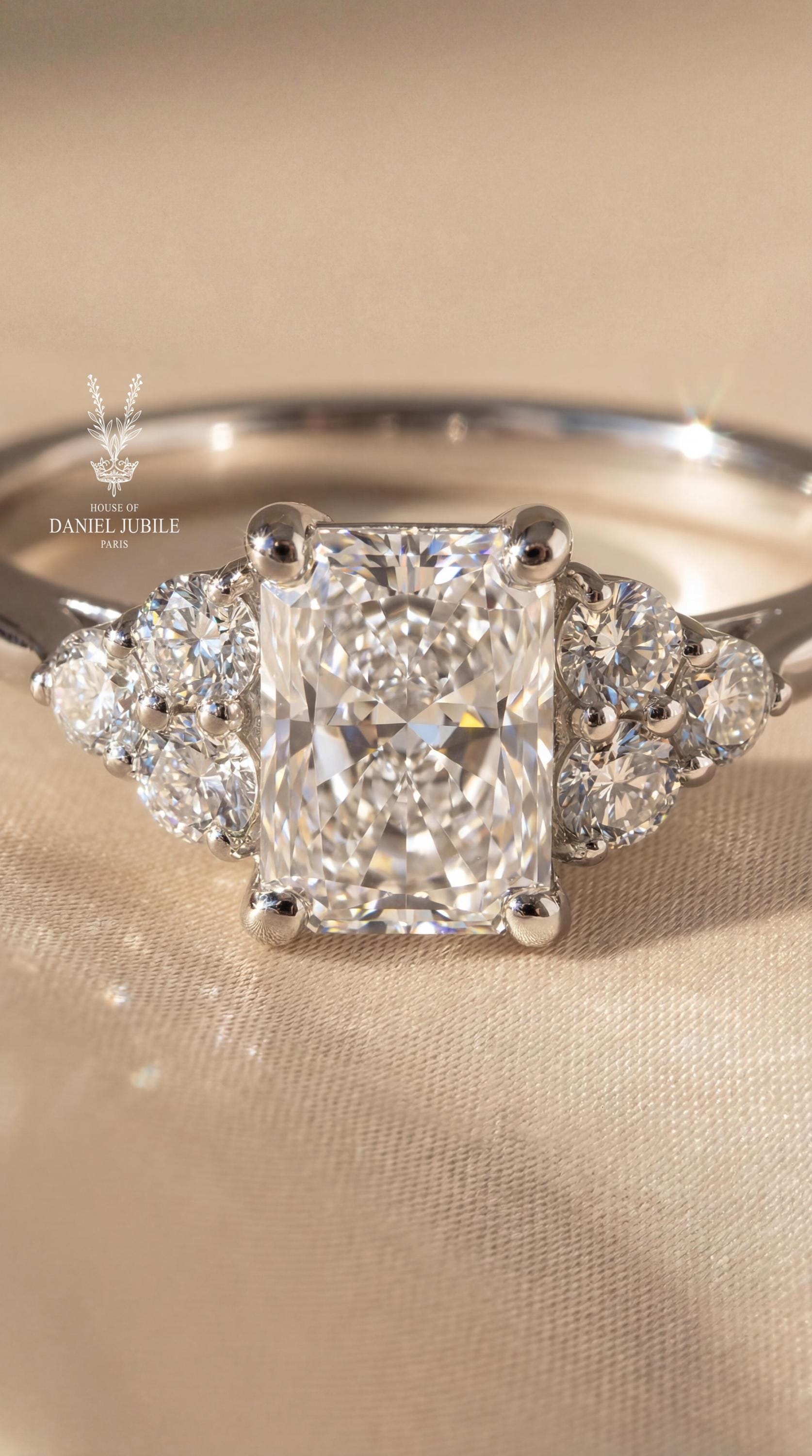 1.60ctw Radiant Cut Lab Diamond Engagement Ring – Vintage 3-Stone Wedding Band