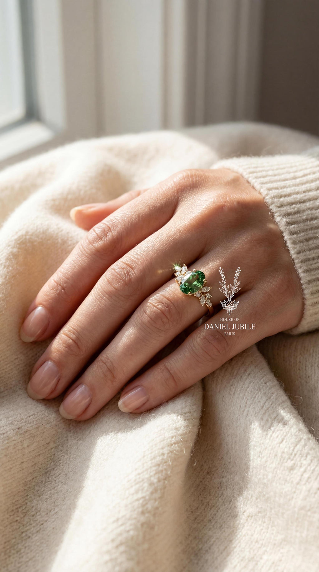 Green Oval Lab Diamond Engagement Ring – 14k Gold Nature Inspired Wedding Band