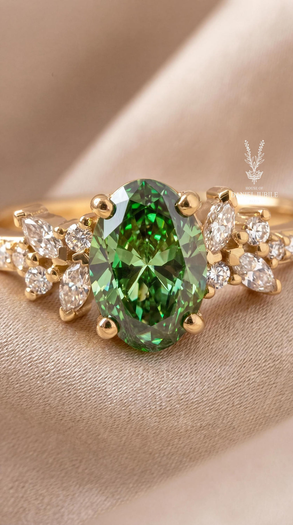 Green Oval Lab Diamond Engagement Ring – 14k Gold Nature Inspired Wedding Band