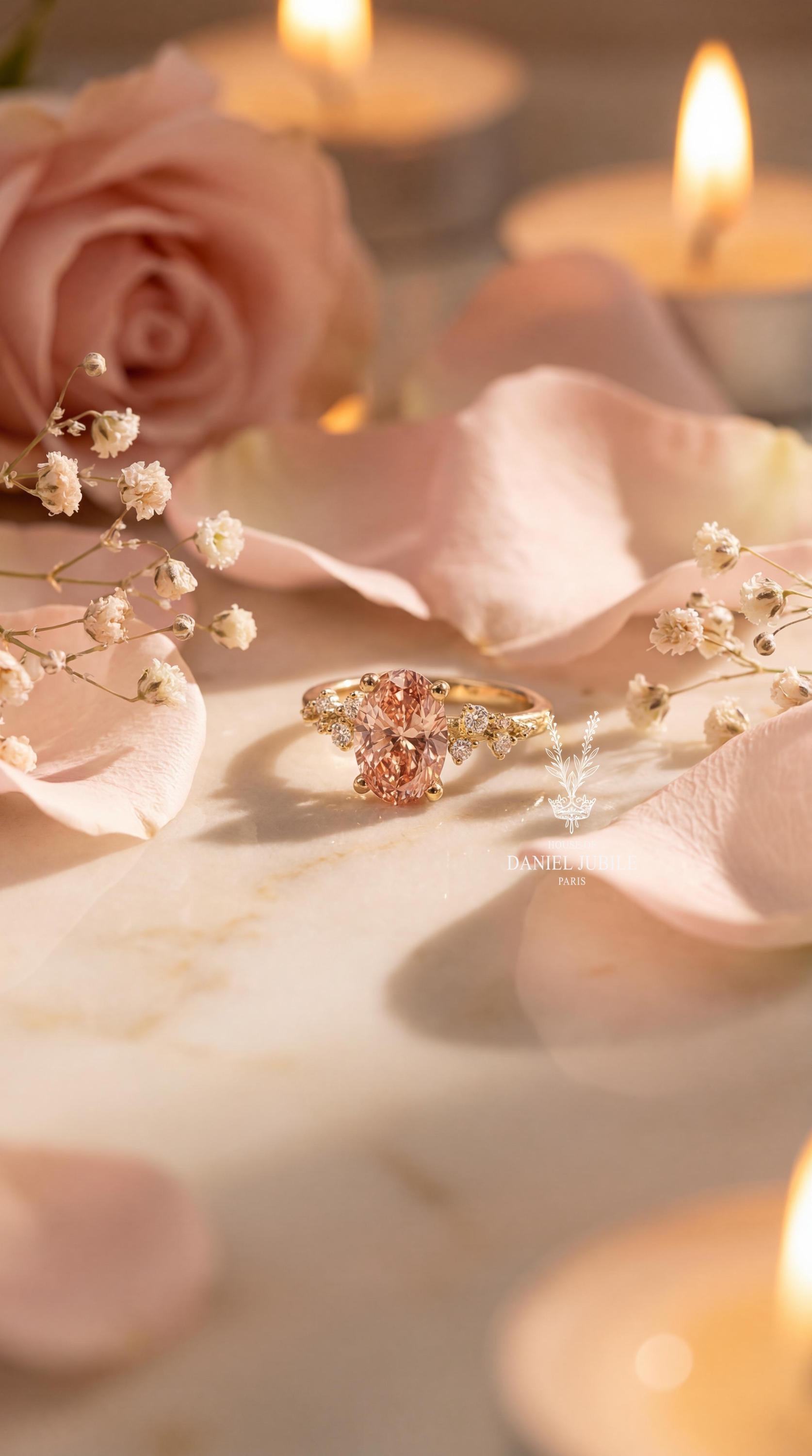 4ct Peach Oval Lab Diamond Engagement Ring – 14k Gold Cluster Wedding Band