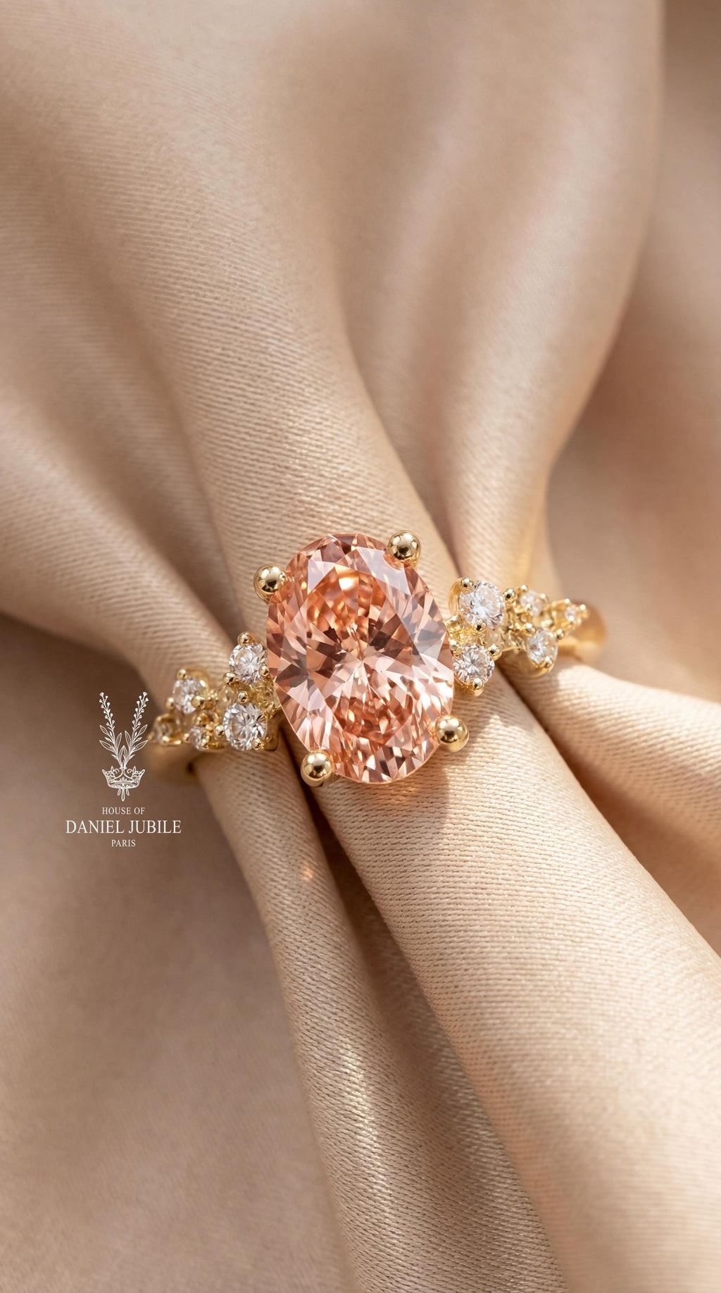4ct Peach Oval Lab Diamond Engagement Ring – 14k Gold Cluster Wedding Band