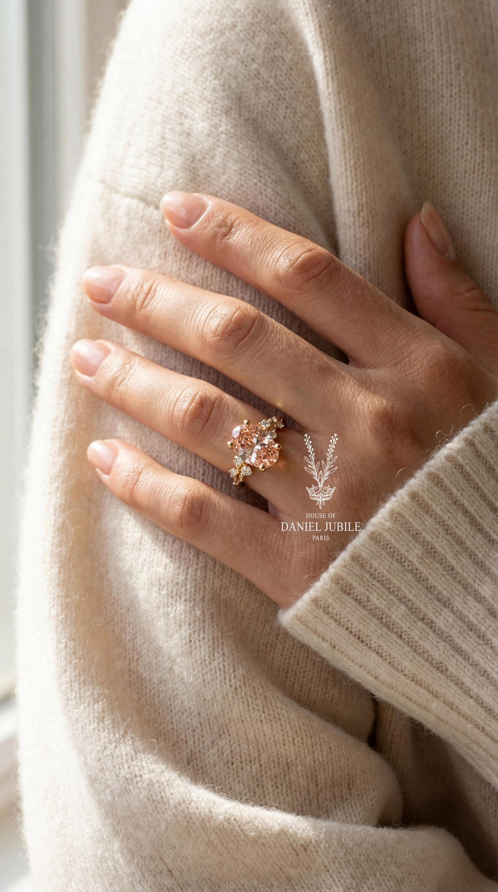 4ct Peach Oval Lab Diamond Engagement Ring – 14k Gold Cluster Wedding Band
