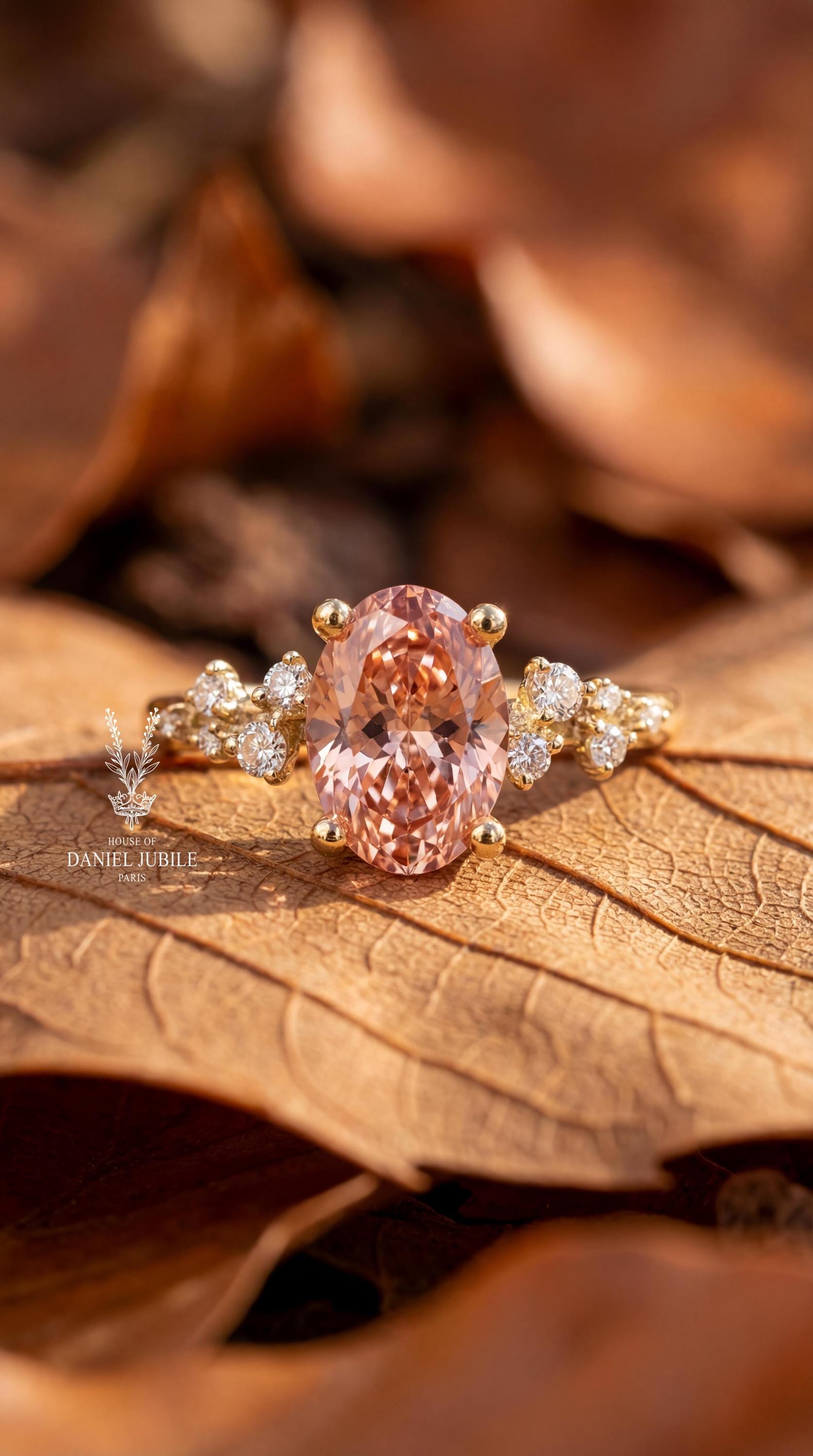 4ct Peach Oval Lab Diamond Engagement Ring – 14k Gold Cluster Wedding Band