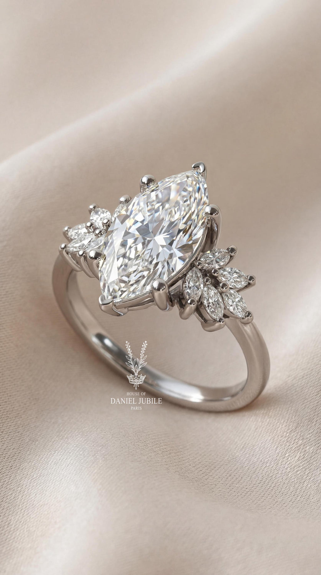 The Phoenix Plume – 3.60ctw Marquise Cut Lab Diamond Engagement Ring in 14k White Gold, Vintage Wing Cluster Wedding Ring, Gift for her