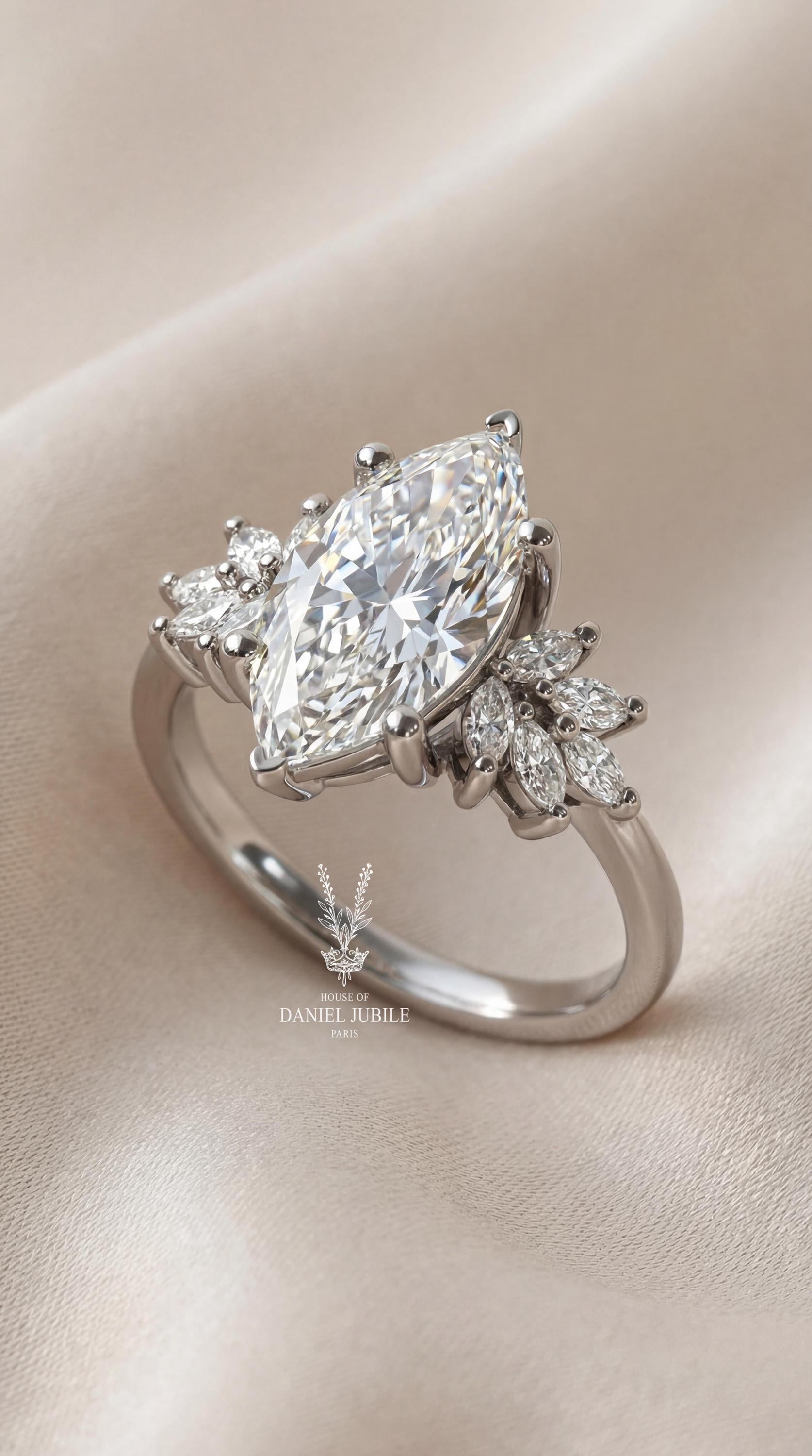The Phoenix Plume – 3.60ctw Marquise Cut Lab Diamond Engagement Ring in 14k White Gold, Vintage Wing Cluster Wedding Ring, Gift for her
