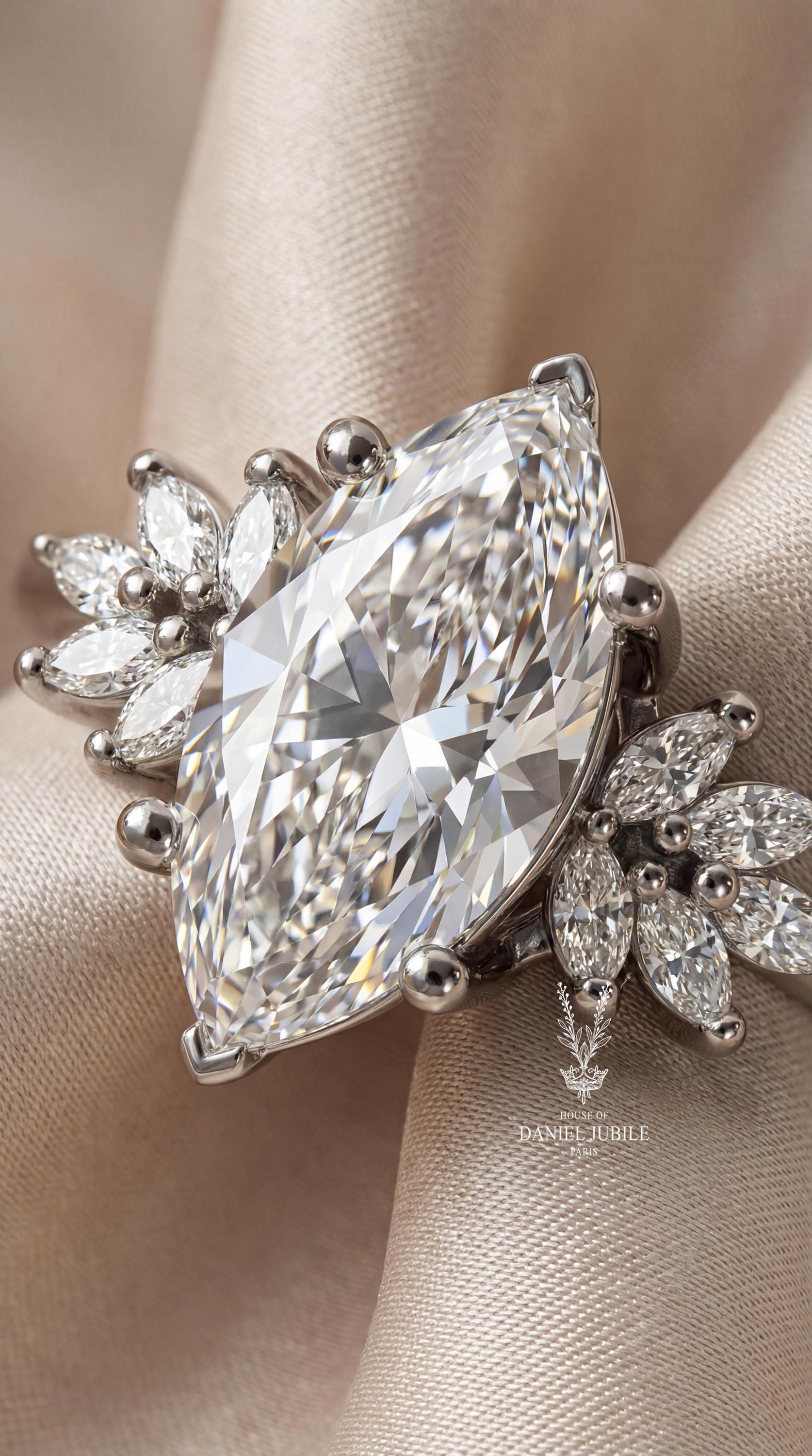 The Phoenix Plume – 3.60ctw Marquise Cut Lab Diamond Engagement Ring in 14k White Gold, Vintage Wing Cluster Wedding Ring, Gift for her