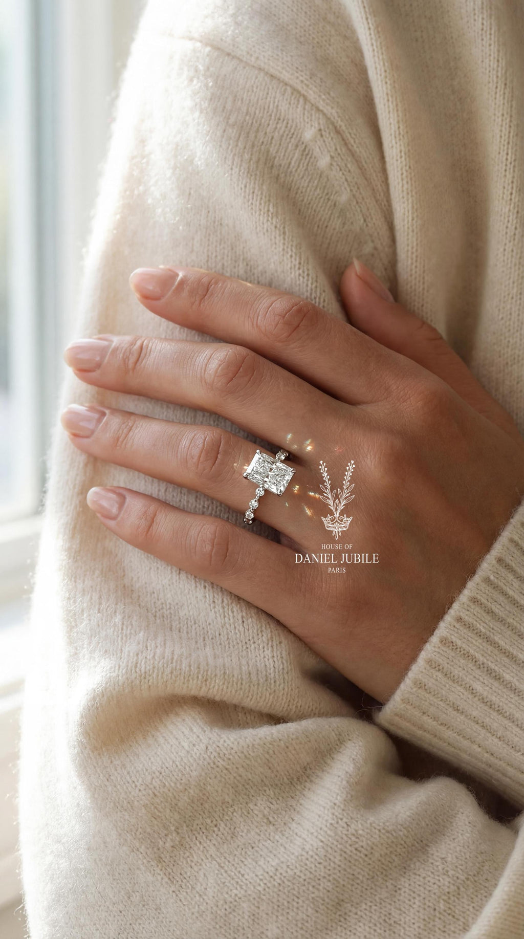 The Astral Tide – 3ct Radiant Cut Lab Diamond Engagement Ring in 14k White Gold, Bubble Prong Hidden Halo Wedding Ring, Gift for Her