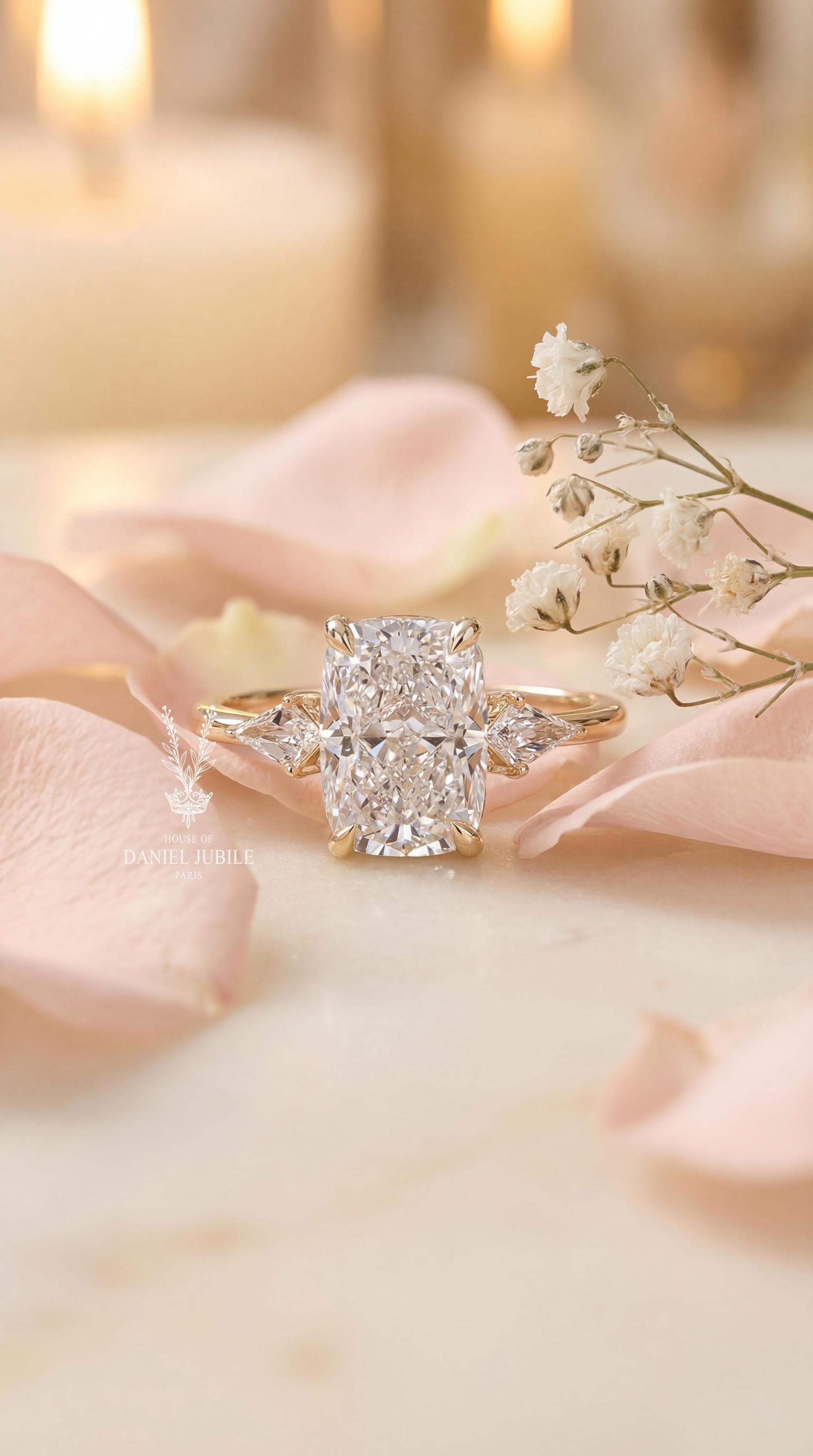 3ct Elongated Cushion Cut Lab Diamond Ring – Vintage 14K Gold Engagement