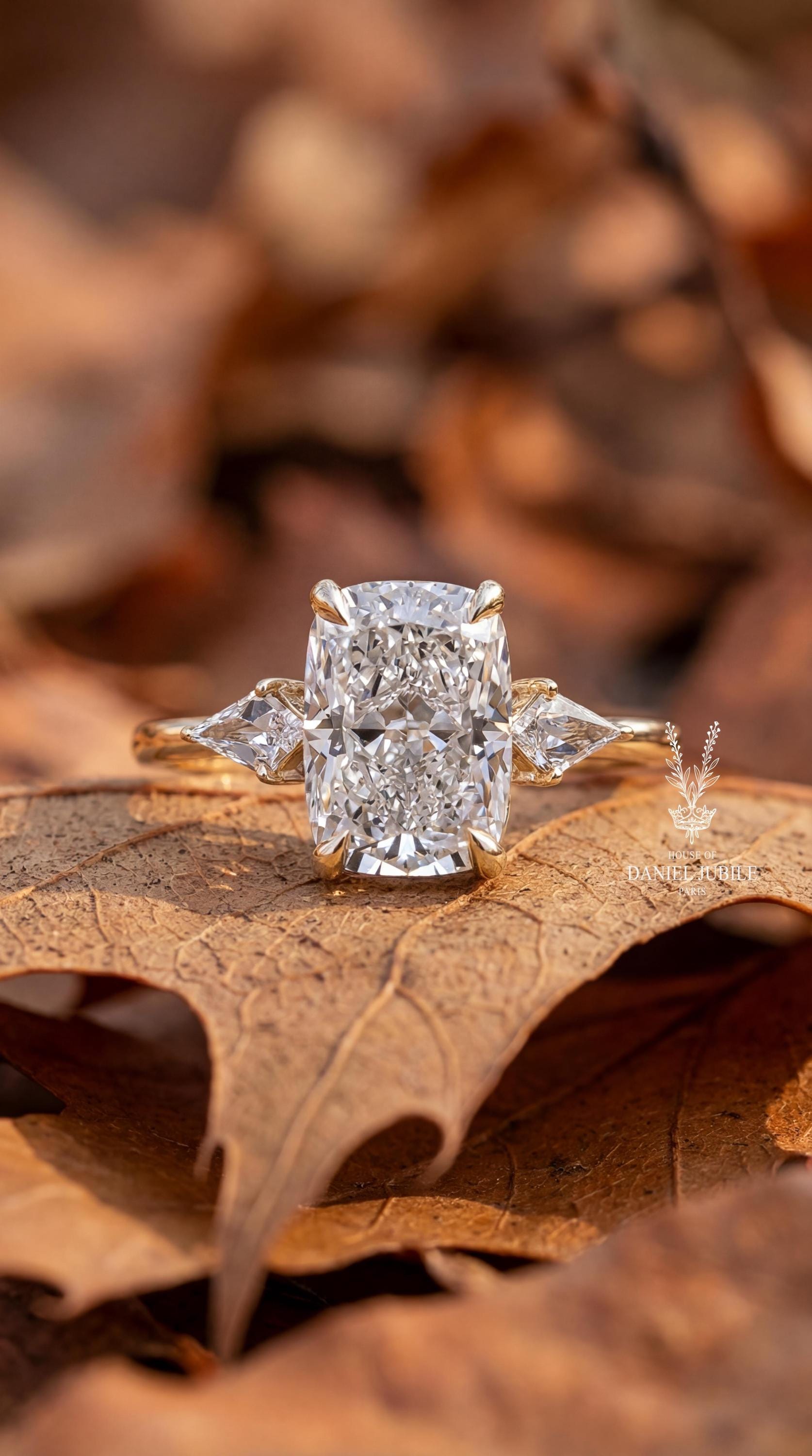 3ct Elongated Cushion Cut Lab Diamond Ring – Vintage 14K Gold Engagement