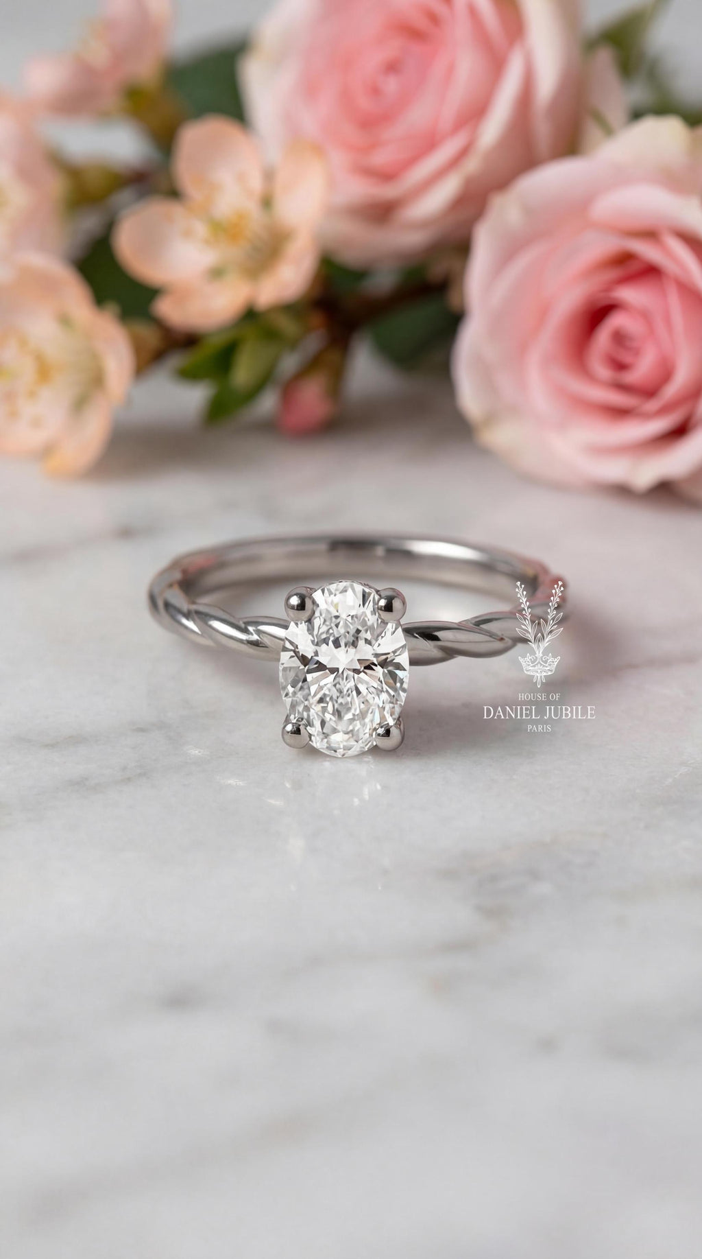 Oval Lab Diamond Engagement Ring – 14k White Gold Twisted Rope Band