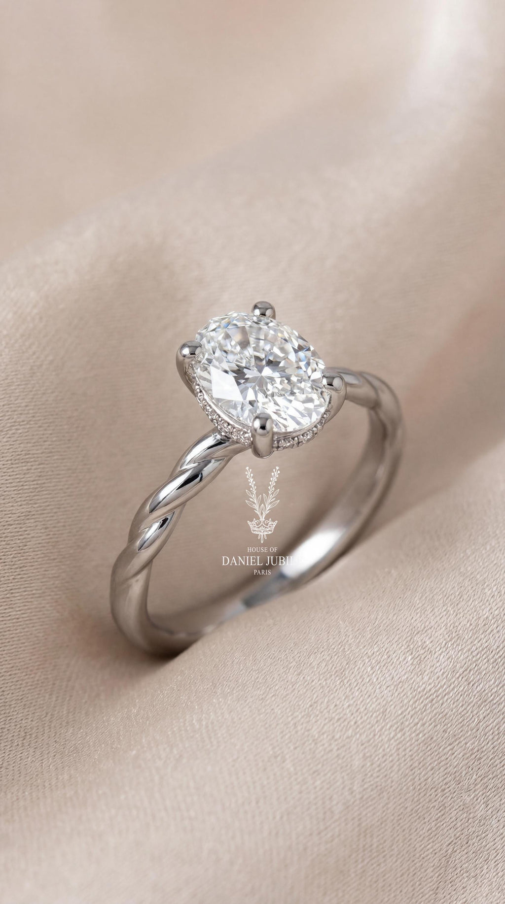 Oval Lab Diamond Engagement Ring – 14k White Gold Twisted Rope Band