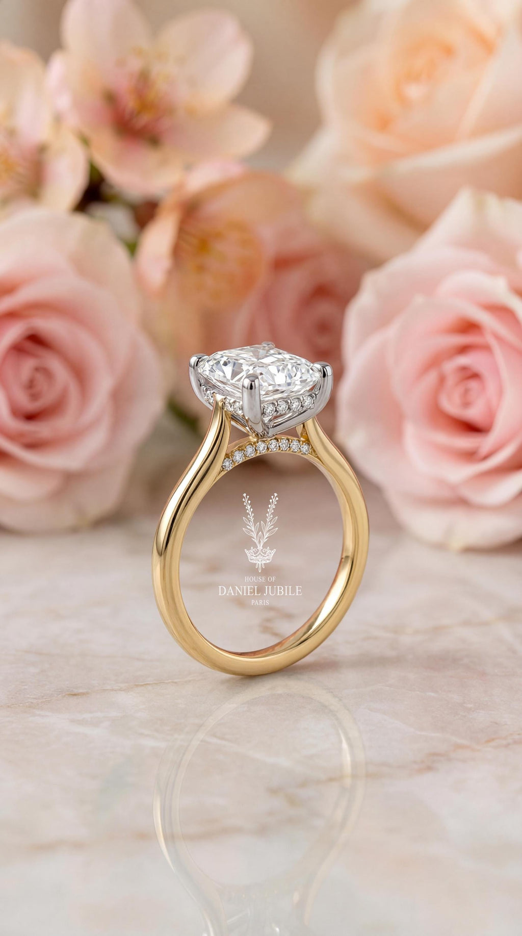 3ct Radiant Cut Lab Diamond Engagement Ring – Two-Tone 14k Gold Hidden Halo