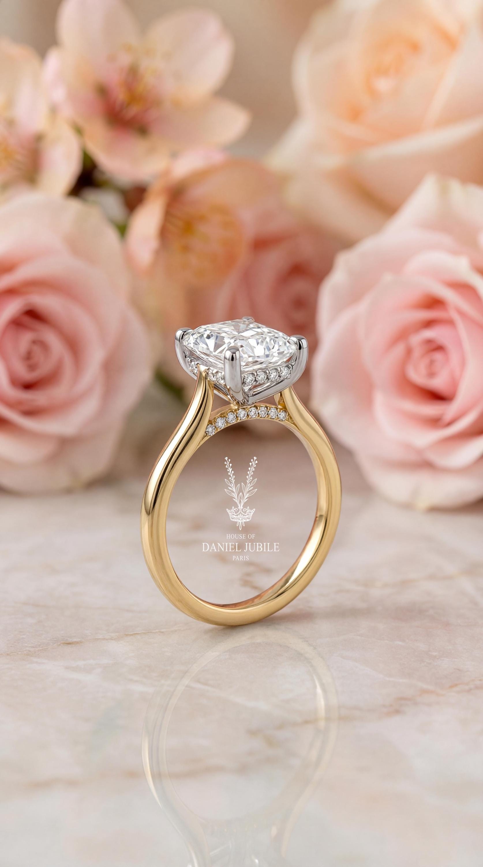3ct Radiant Cut Lab Diamond Engagement Ring – Two-Tone 14k Gold Hidden Halo