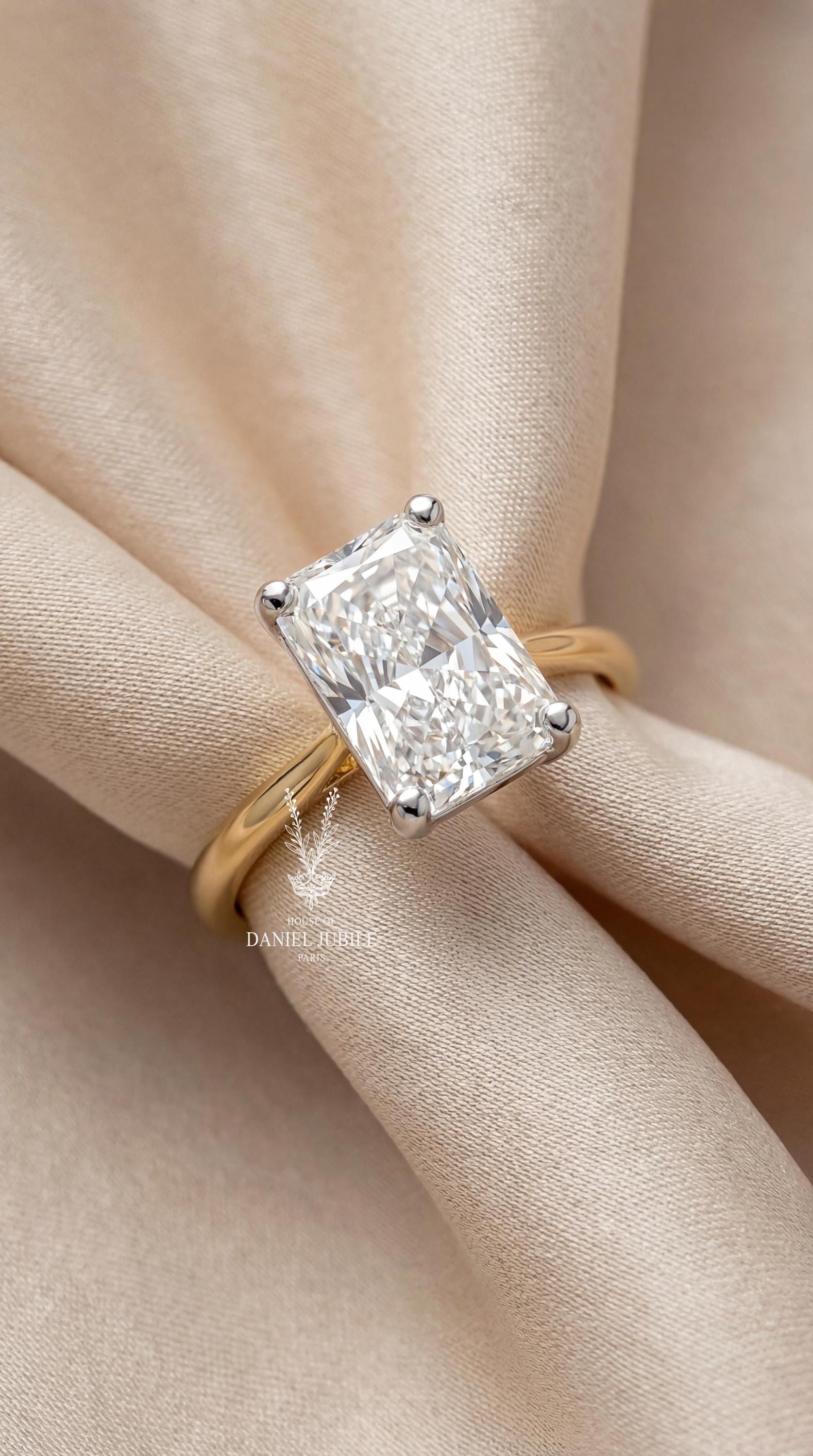 3ct Radiant Cut Lab Diamond Engagement Ring – Two-Tone 14k Gold Hidden Halo