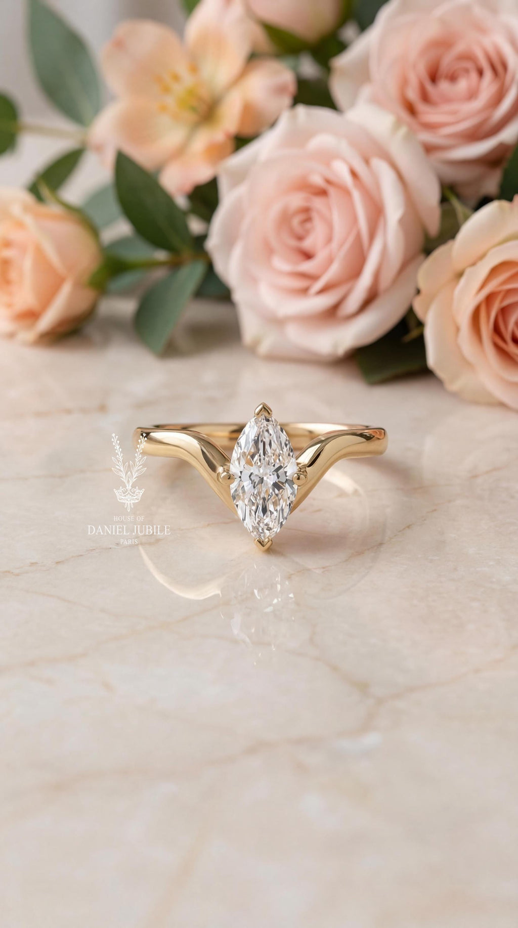 2 Carat Marquise Cut Lab Diamond Engagement Ring – 14k Gold Chevron Solitaire