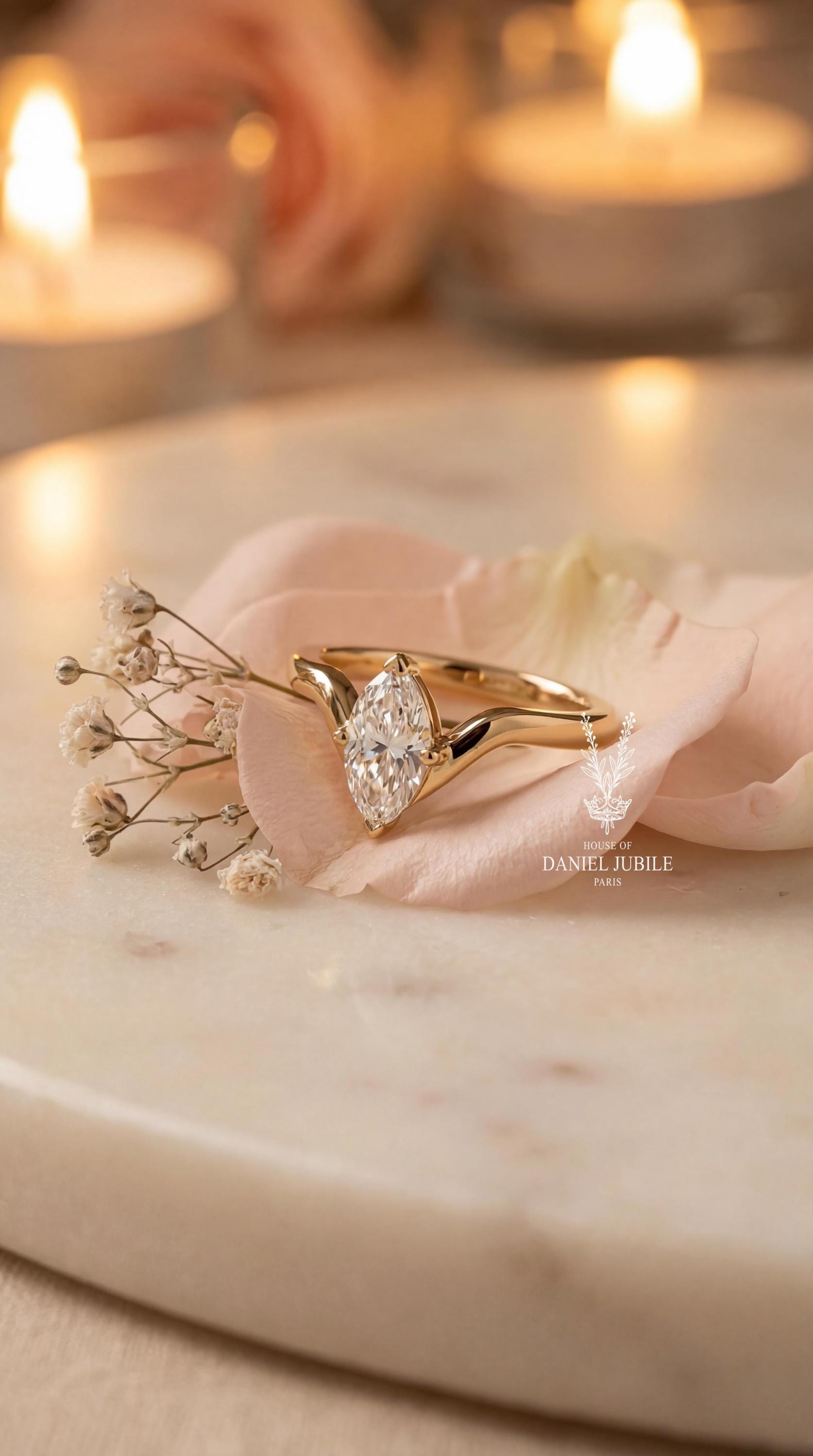 2 Carat Marquise Cut Lab Diamond Engagement Ring – 14k Gold Chevron Solitaire