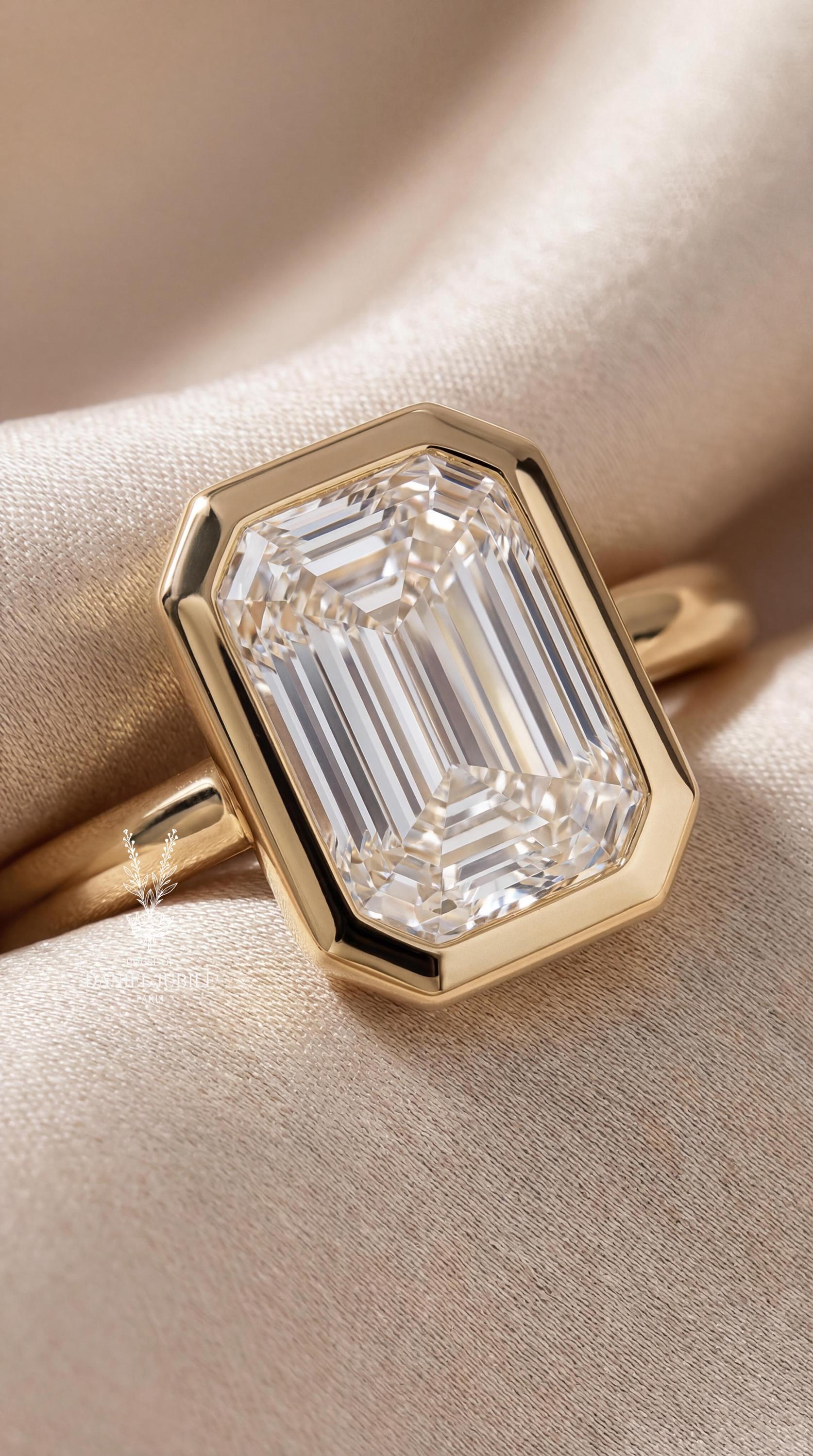 Emerald Cut Lab Diamond Engagement Ring – 14k Gold Bezel Set Solitaire