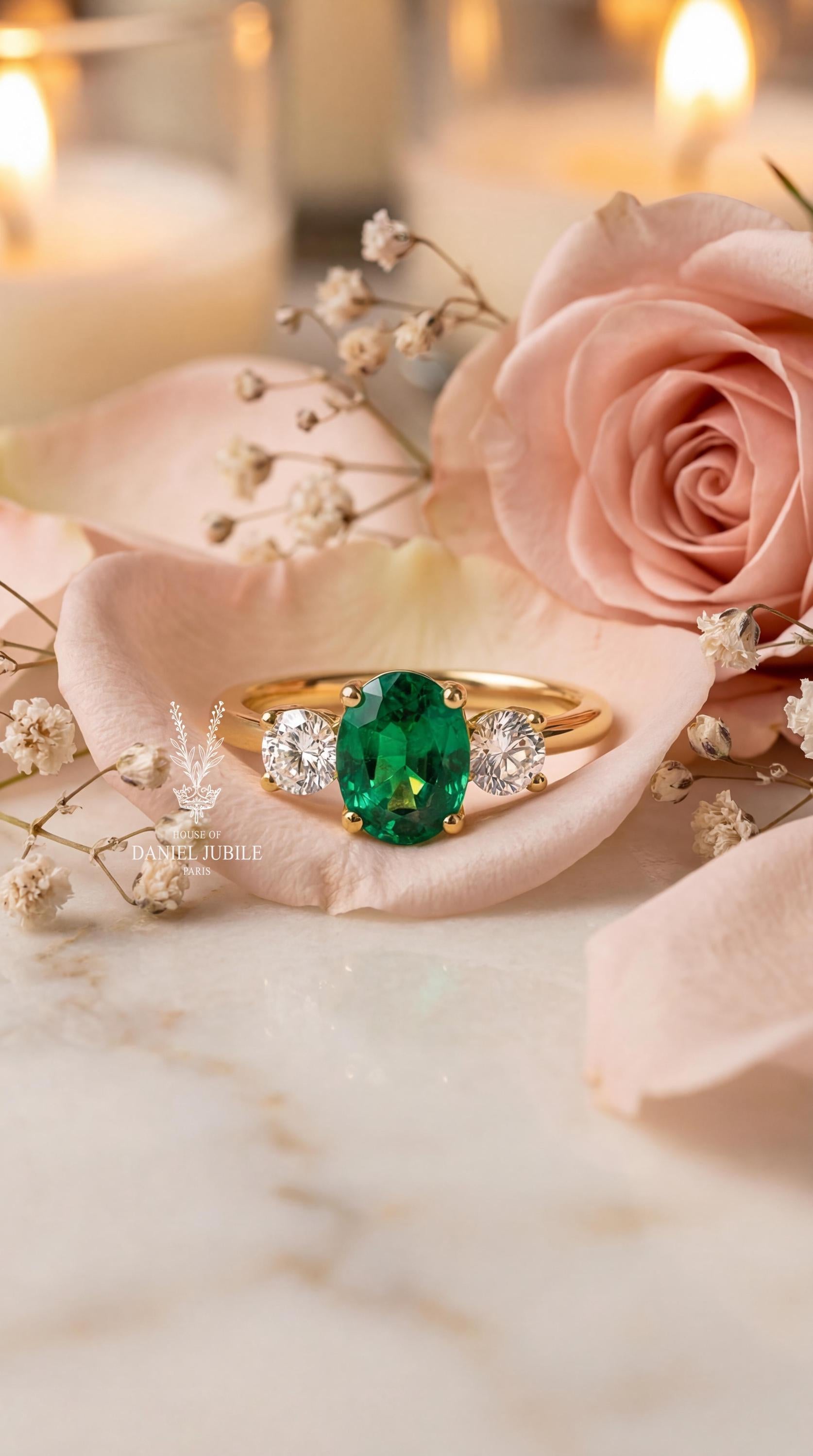 Green Oval Lab Diamond Engagement Ring – 14k Gold Trellis Three Stone
