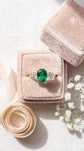 Green Oval Lab Diamond Engagement Ring – 14k Gold Trellis Three Stone
