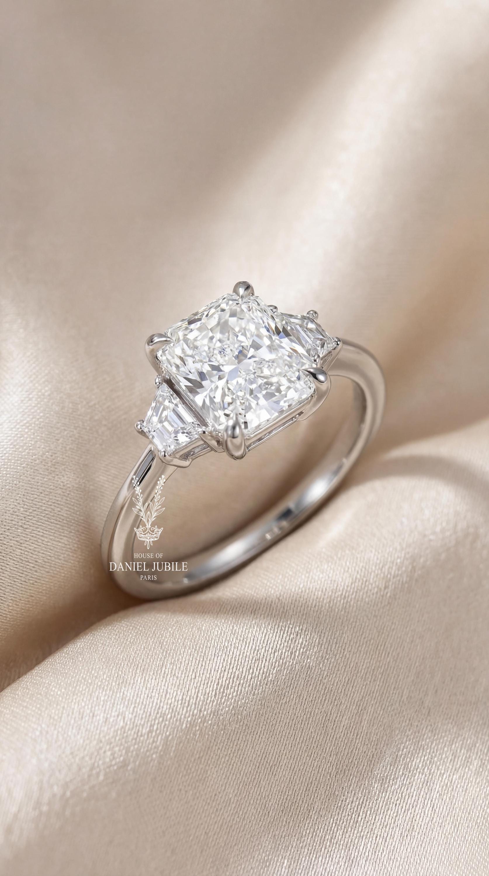 Radiant Cut Lab Diamond Engagement Ring – 14k White Gold Trapezoid Trinity