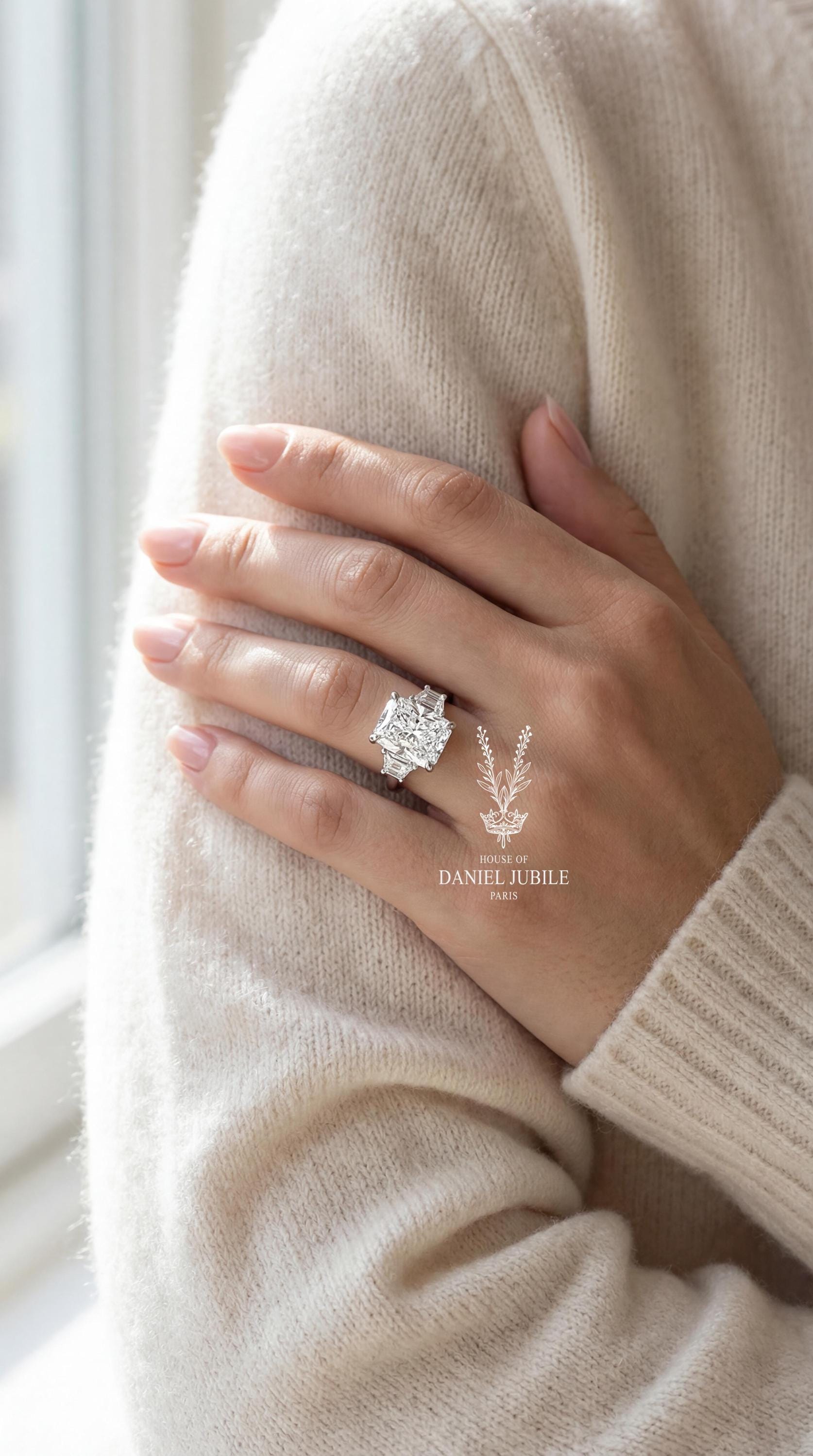 Radiant Cut Lab Diamond Engagement Ring – 14k White Gold Trapezoid Trinity