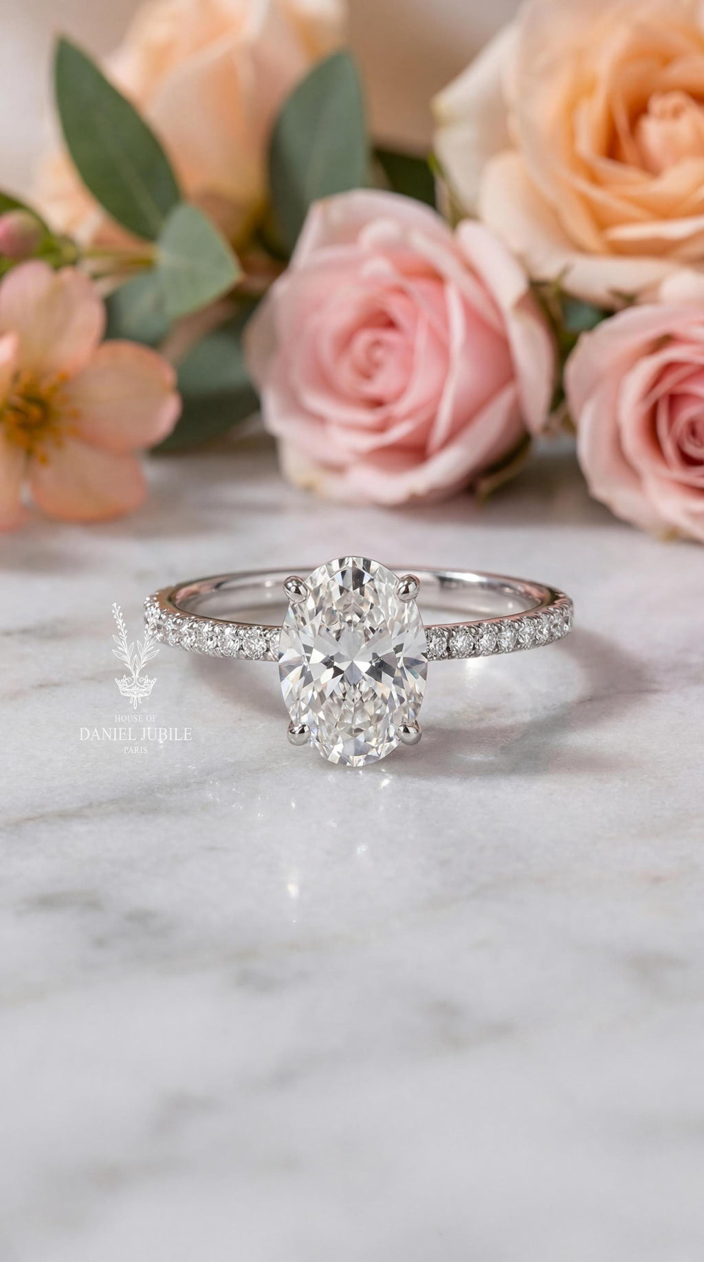 Oval Lab Diamond Engagement Ring - 14k White Gold Pavé Hidden Halo