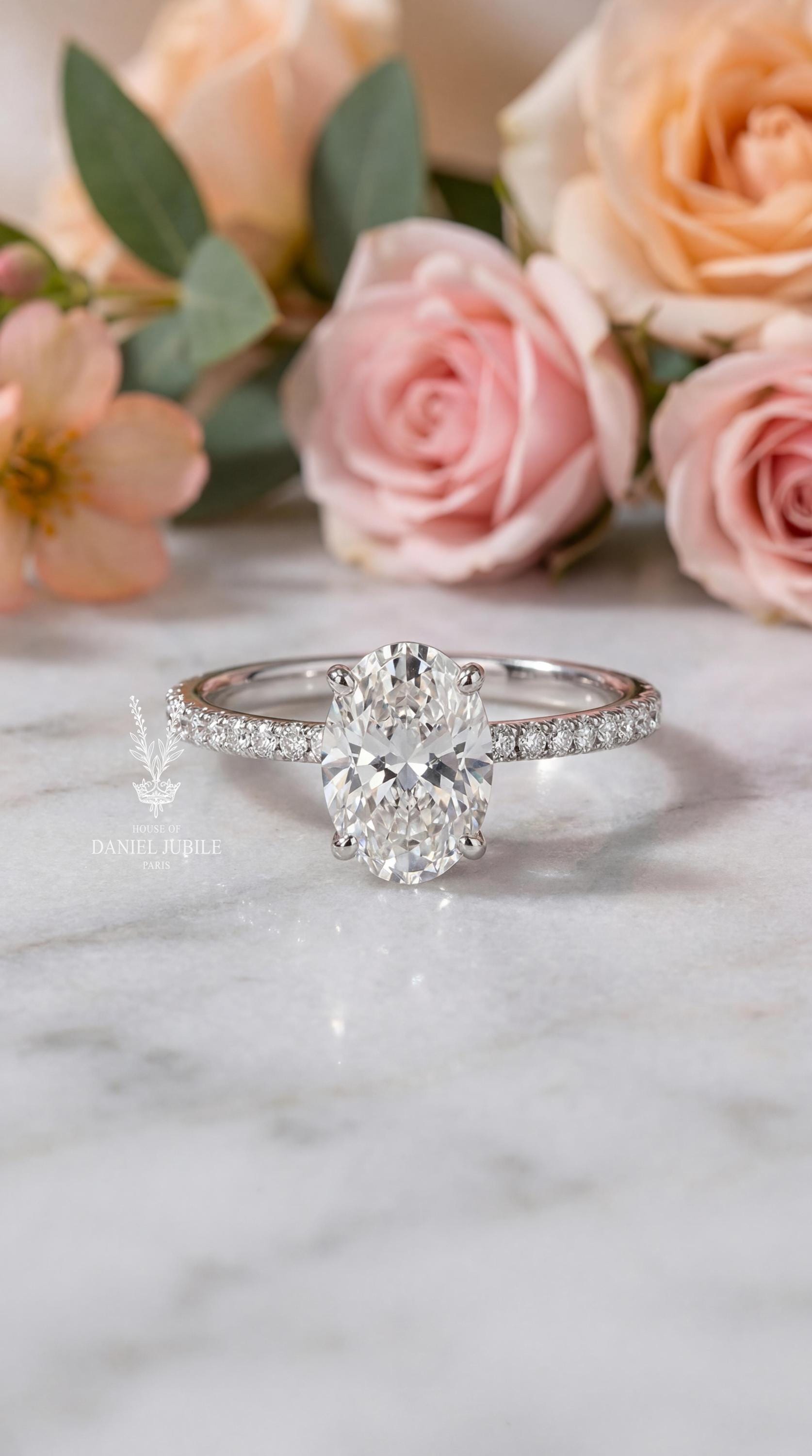 Oval Lab Diamond Engagement Ring - 14k White Gold Pavé Hidden Halo