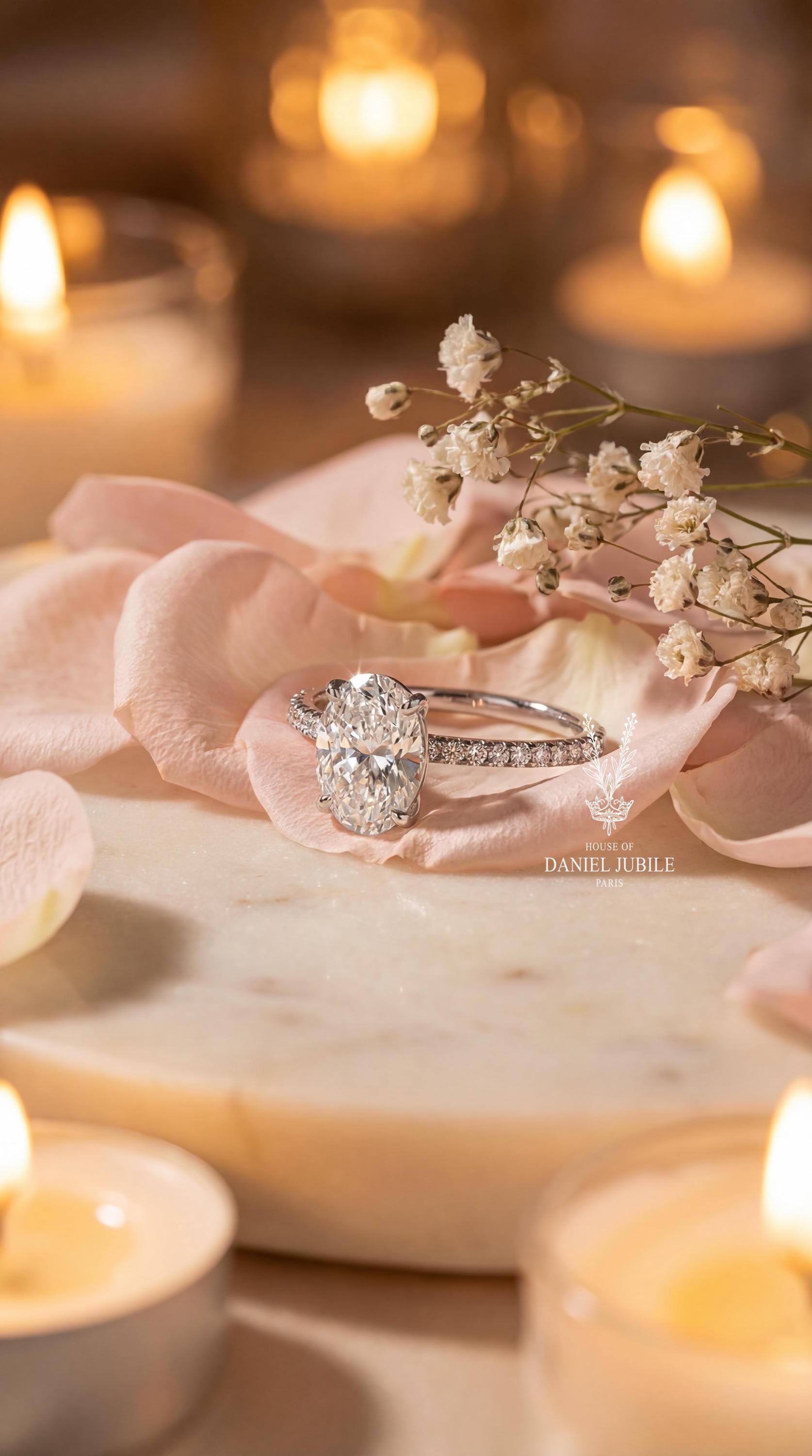 Oval Lab Diamond Engagement Ring - 14k White Gold Pavé Hidden Halo