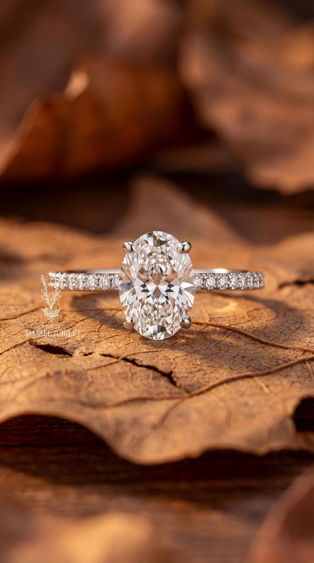 Oval Lab Diamond Engagement Ring - 14k White Gold Pavé Hidden Halo