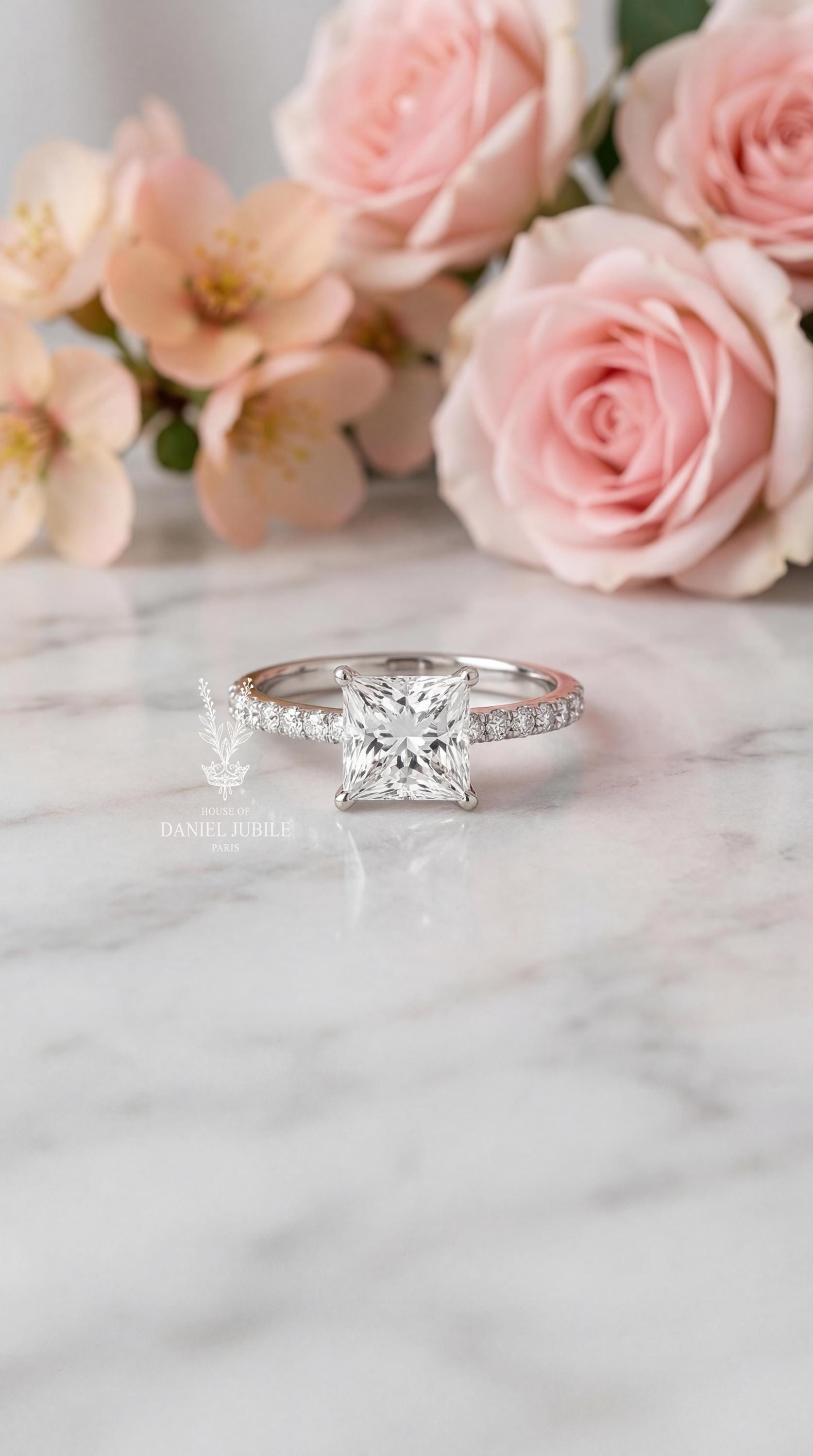 2ct Princess Cut Lab Diamond Engagement Ring – 14k White Gold Pavé Band