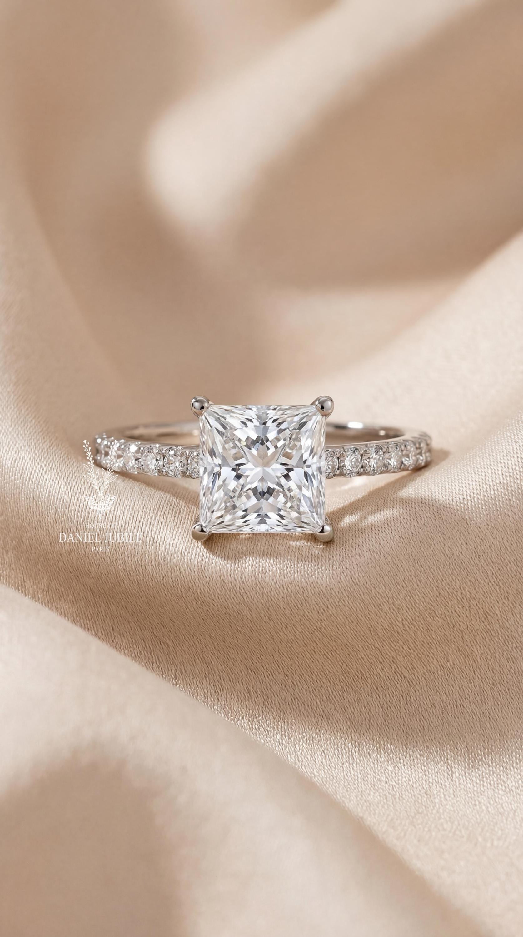 2ct Princess Cut Lab Diamond Engagement Ring – 14k White Gold Pavé Band