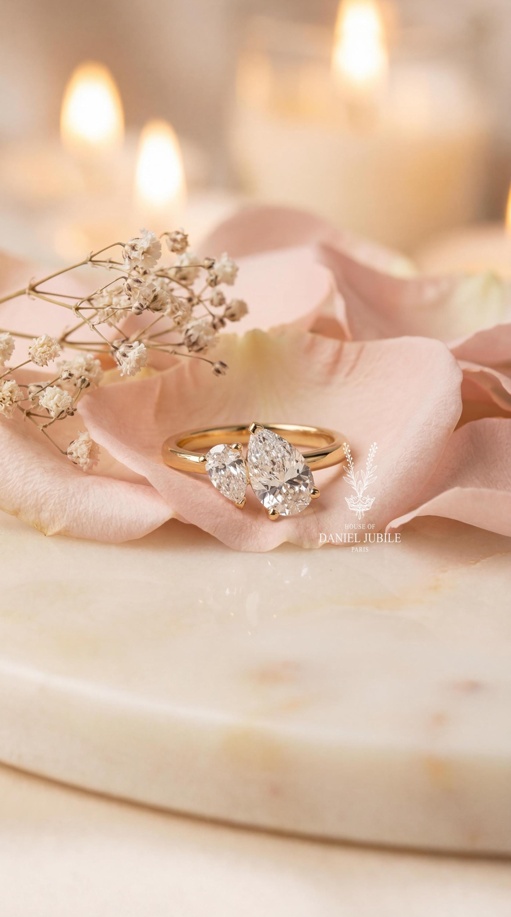 3 Carat Weight Pear Cut Lab Diamond Toi et Moi Ring - 14k Gold Engagement Ring
