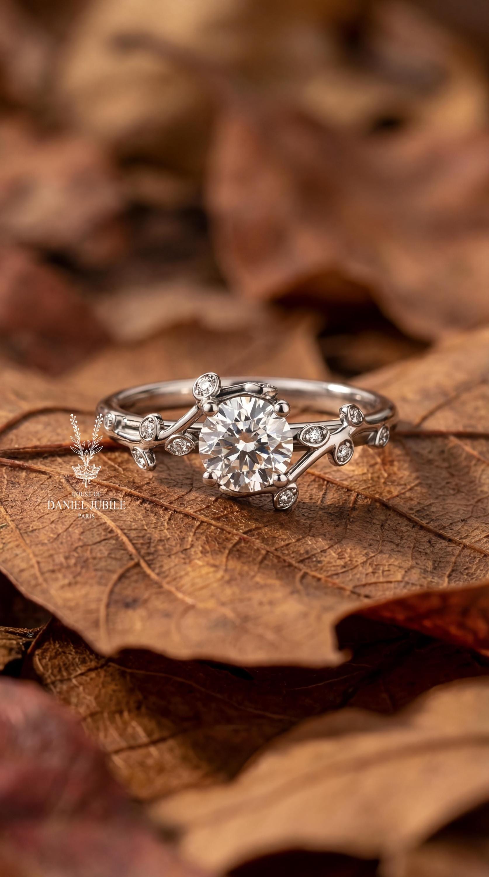 Gaia Vine Lab Diamond Engagement Ring – 14k White Gold Leaf Wedding Ring