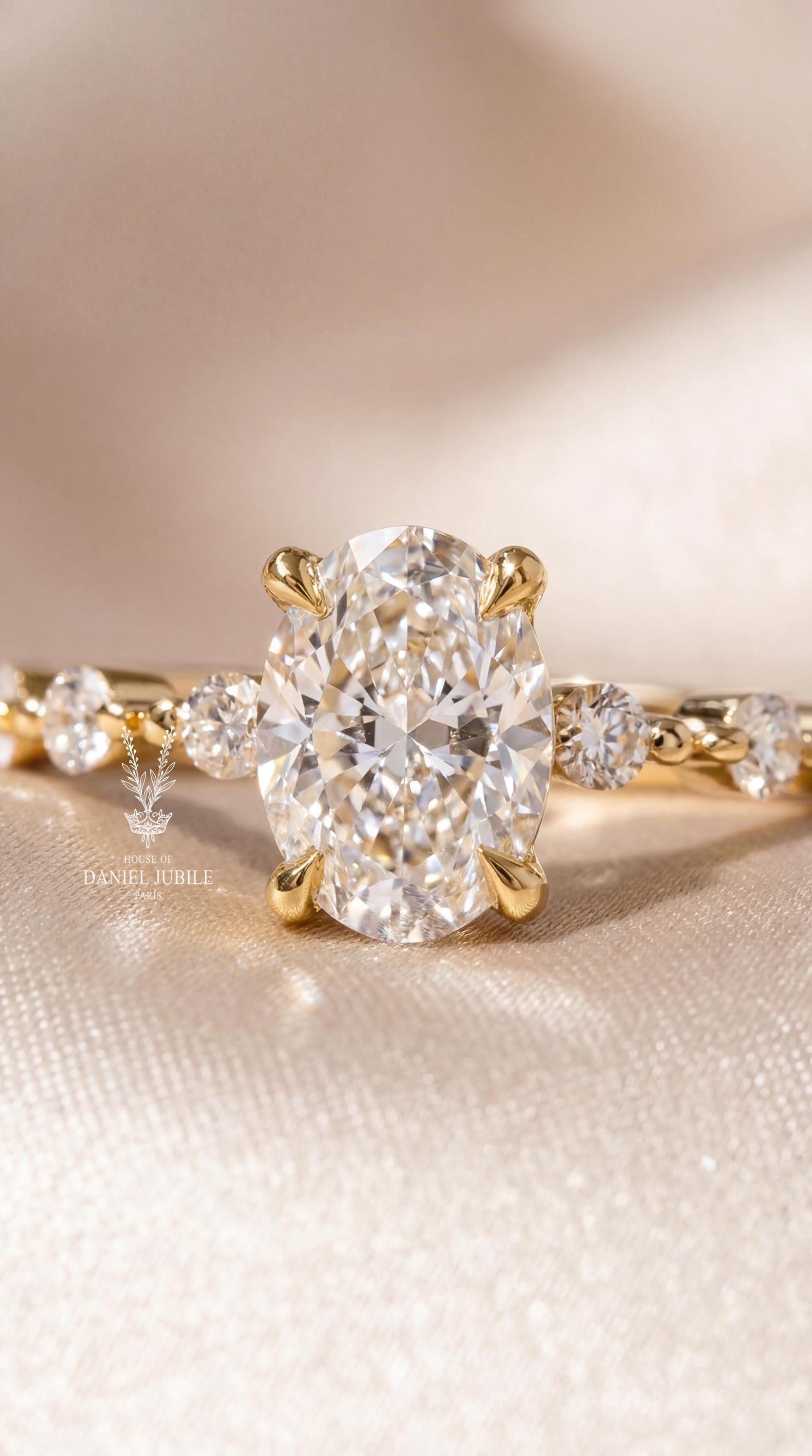 4 Carat Oval Lab Diamond Engagement Ring – 14k Gold Bubble Prong Wedding Ring