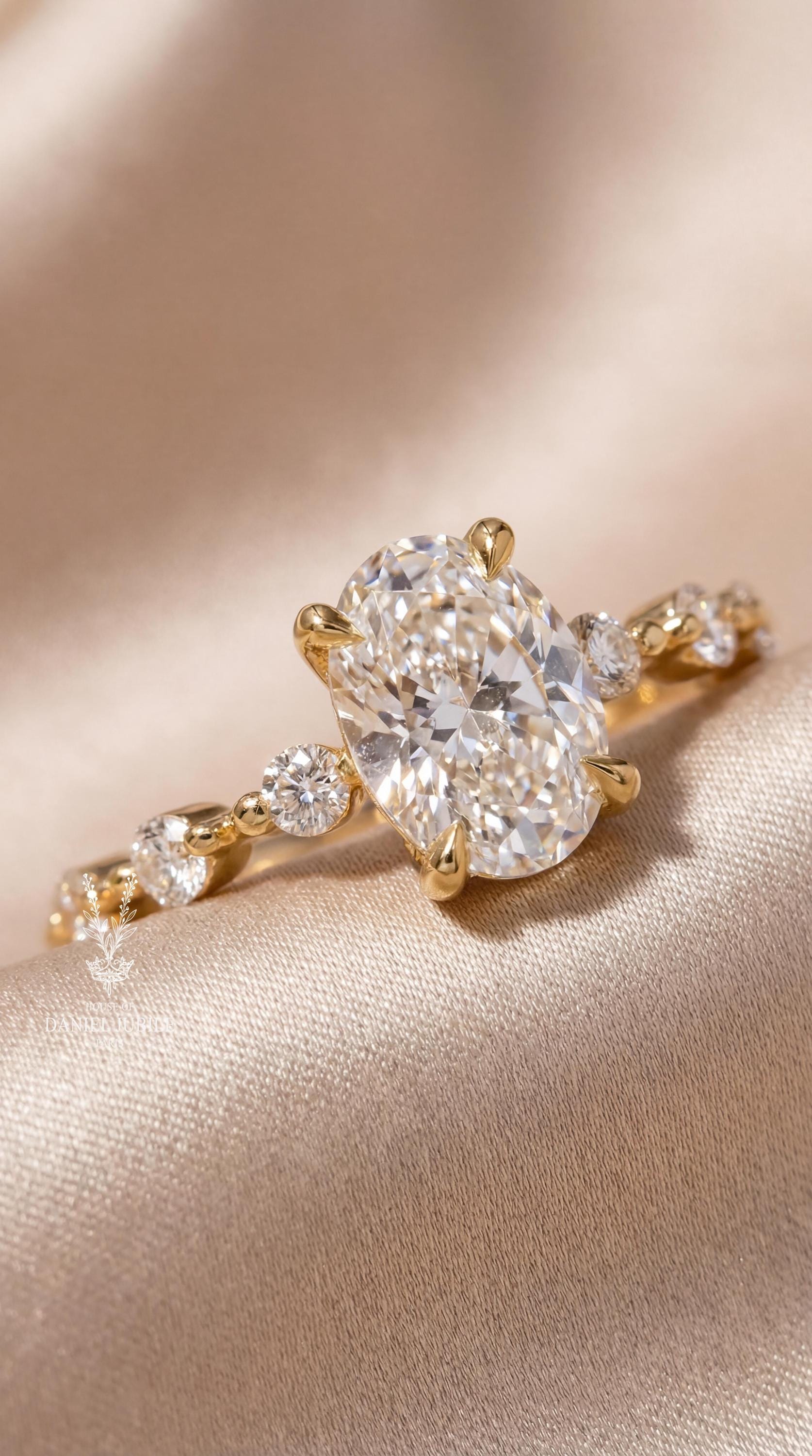 4 Carat Oval Lab Diamond Engagement Ring – 14k Gold Bubble Prong Wedding Ring