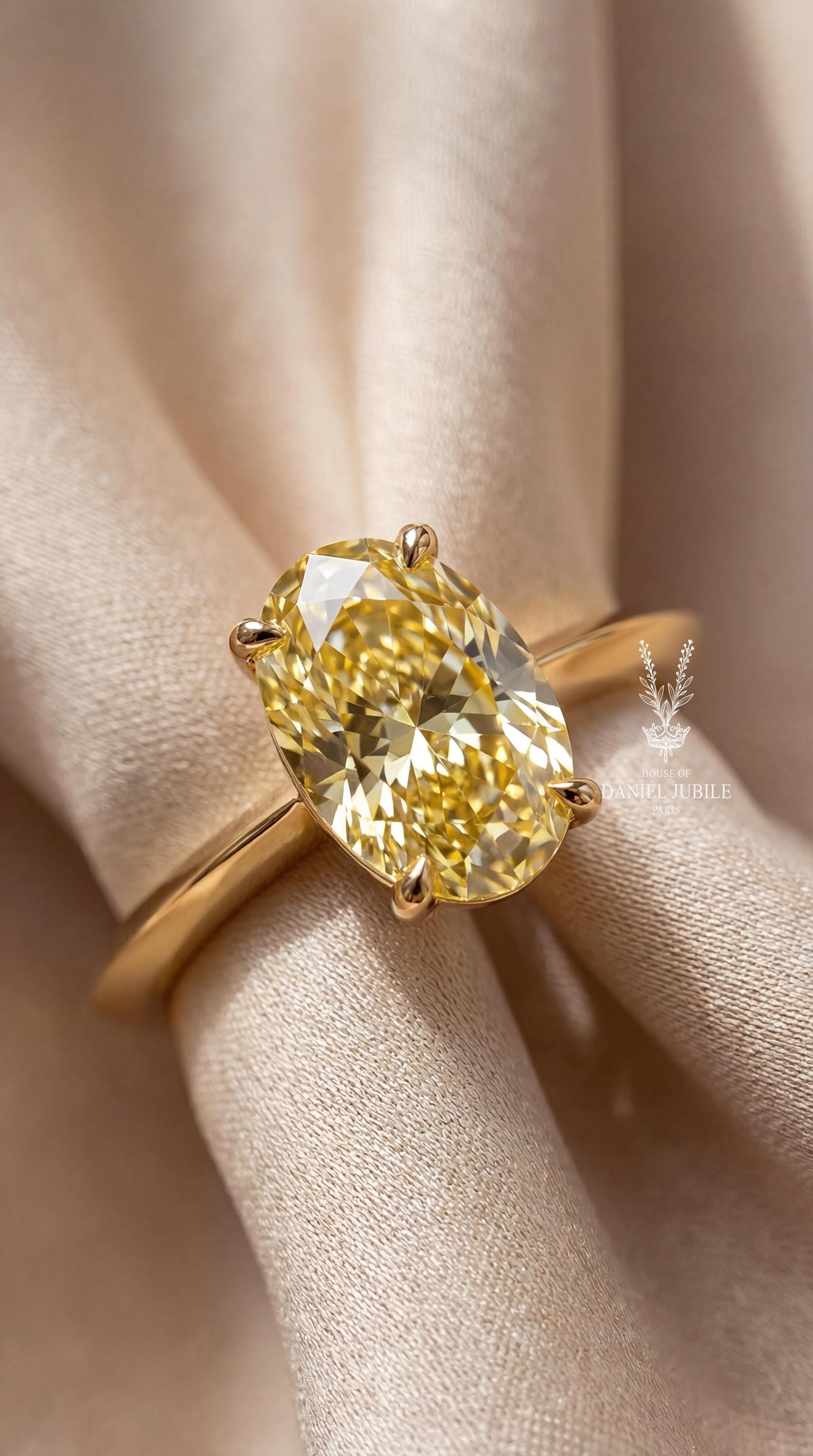 6 Carat Oval Cut Yellow Lab Diamond Solitaire Ring - 14k Gold Minimalist Engagement
