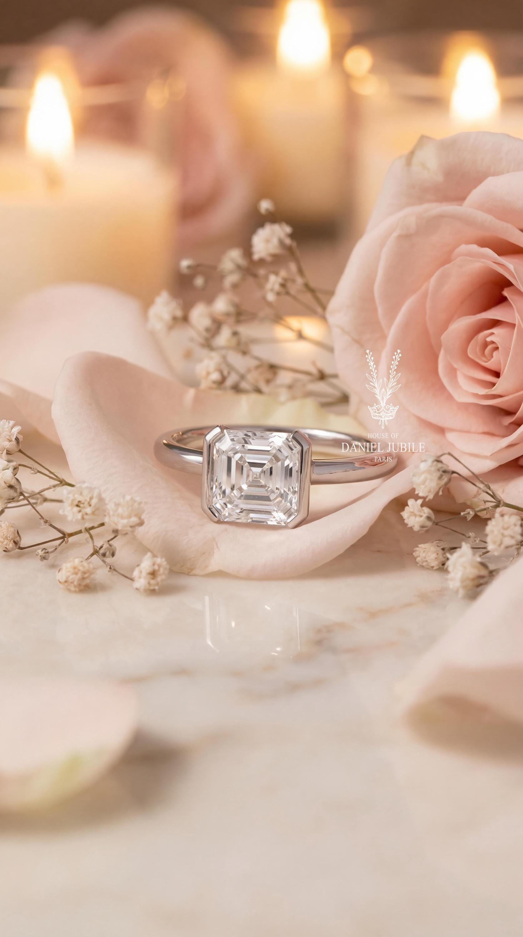 2 Carat Asscher Cut Lab Diamond Engagement Ring - 14k White Gold Bezel Set