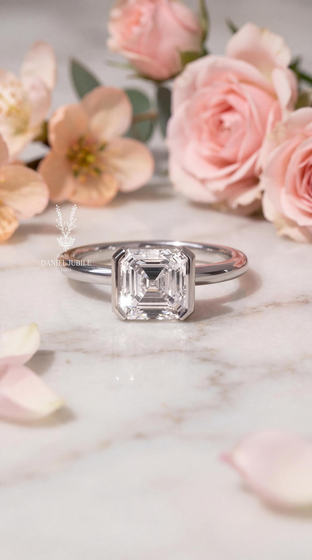 2 Carat Asscher Cut Lab Diamond Engagement Ring - 14k White Gold Bezel Set