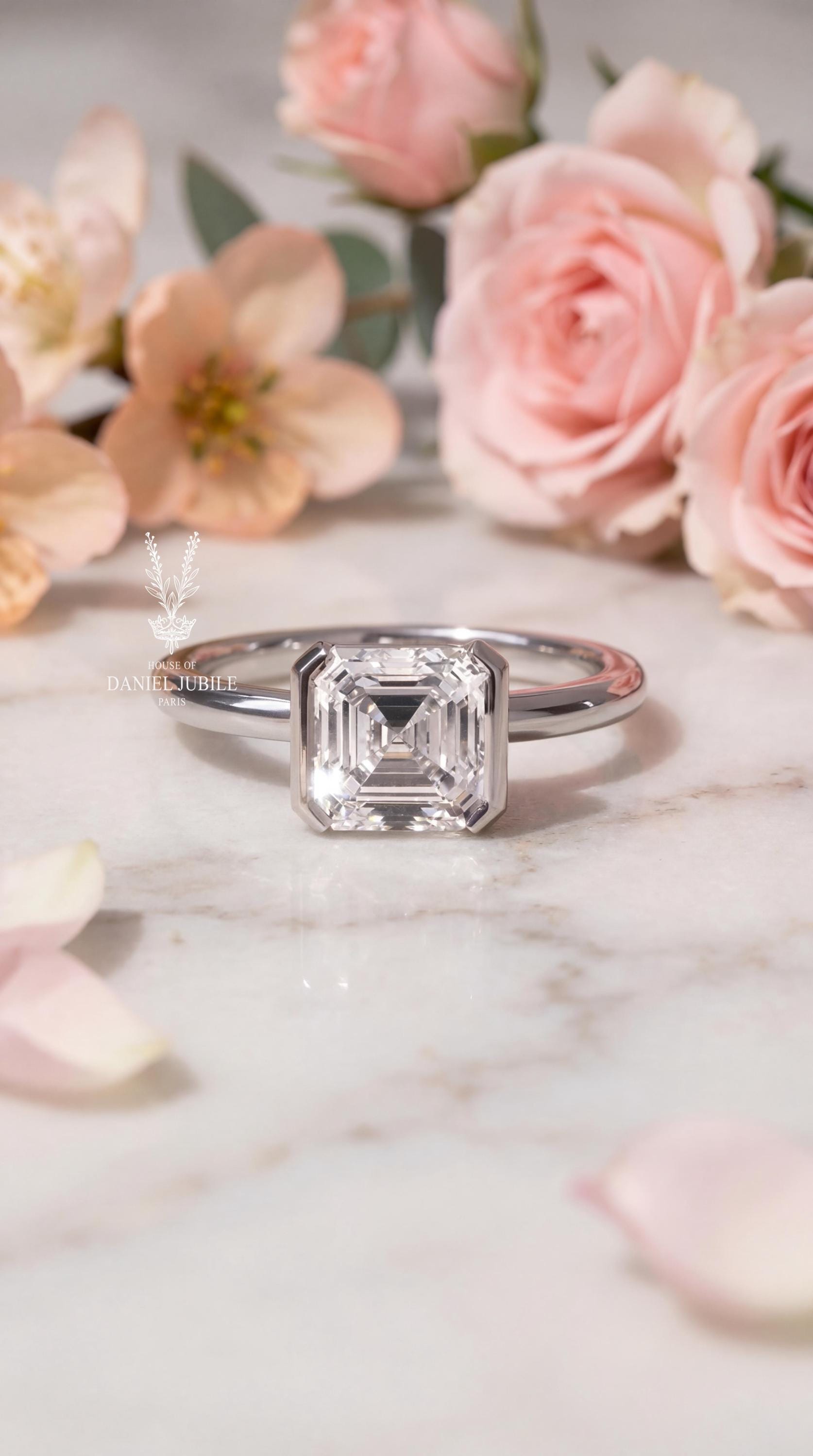 2 Carat Asscher Cut Lab Diamond Engagement Ring - 14k White Gold Bezel Set